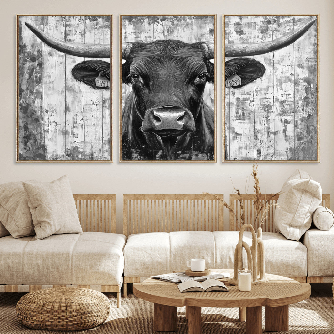 MGV-FC-60X30-3P - Abstract Longhorn Bull Wall Art Canvas Print - Rustic Texas Western Cow Artwork