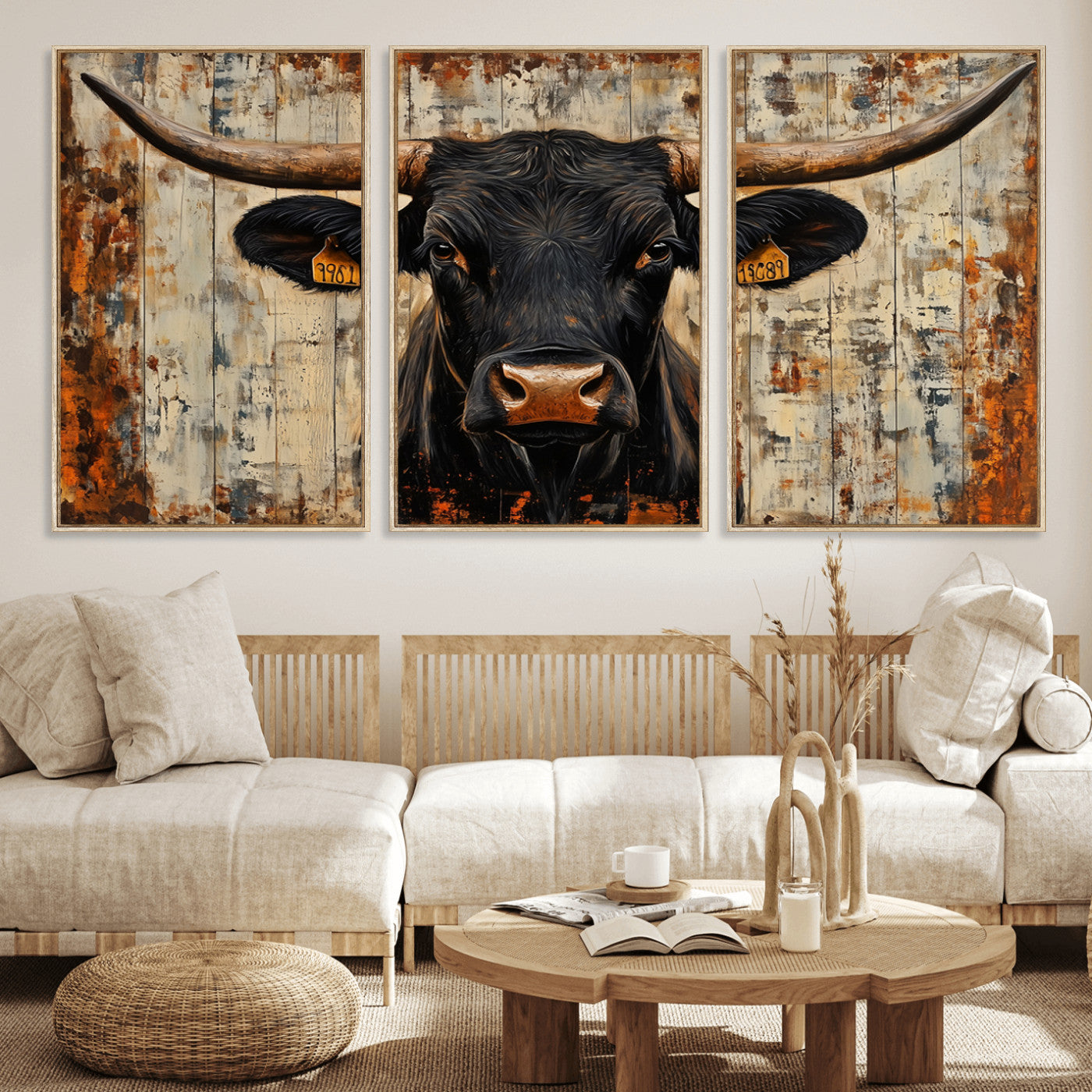 MGV-FC-60X30-3P - Rustic Texas Artwork Wall Art Canvas Print - Abstract Cow Longhorn Bull Wall Art Canvas Print