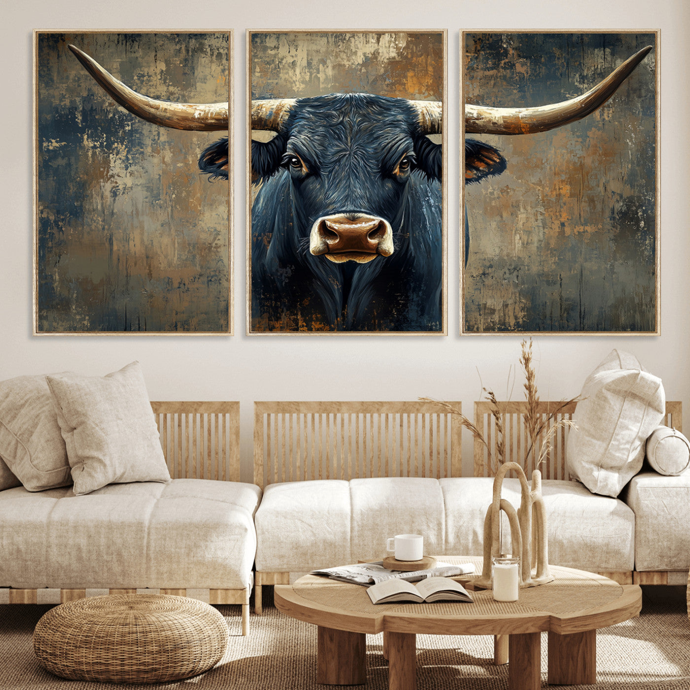 MGV-FC-60X30-3P - Texas Western Wall Art Canvas Print - Abstract Cow Longhorn Bull Wall Art Canvas Print - Rustic Cow