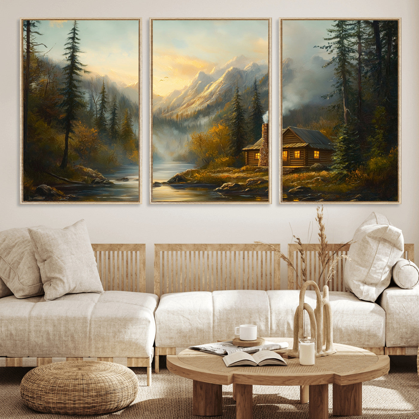 MGV-FC-60X30-3P - Wood Cabin Retreat Mountain at Sunset Wall Art Print - Serene Forest and River Landscape Wall Art