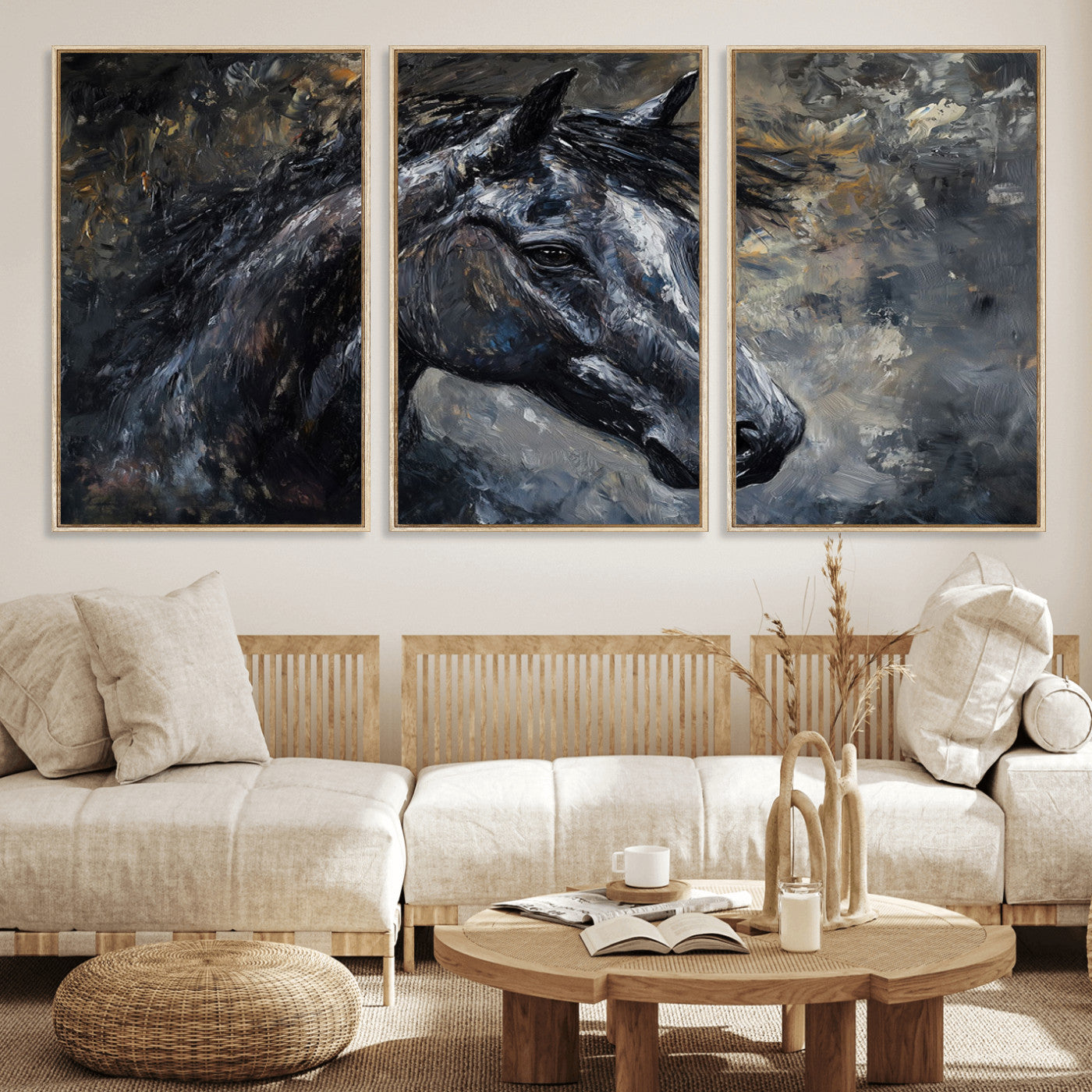 MGV-FC-60X30-3P - Large Abstract Horse Wall Art Canvas Print | Farmhouse Wall Decor | Rustic Horse Art | Western Cabin
