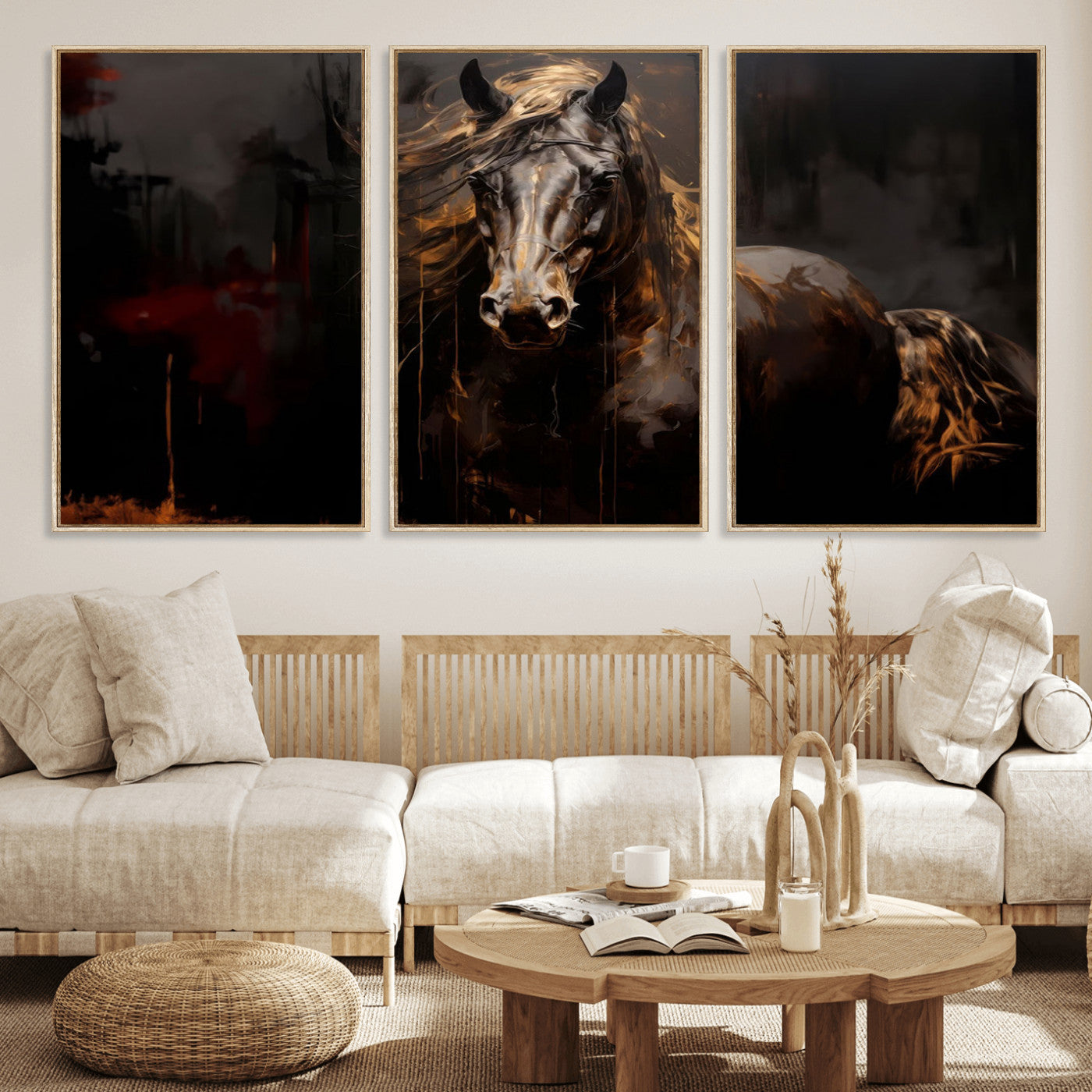 MGV-FC-60X30-3P - Abstract Black Horse Canvas Print for Farmhouse Wall Art | Abstract Equine Wall Art | Western Decor