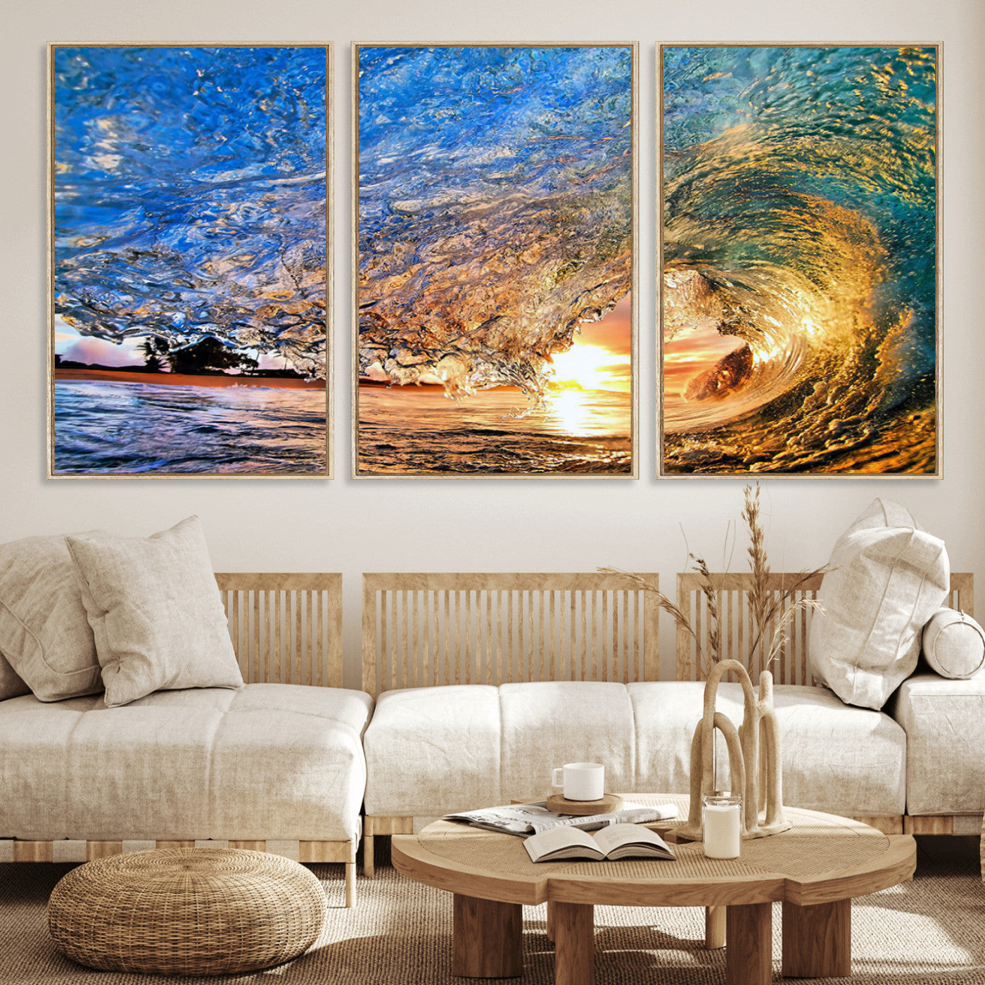 MGV-FC-60X30-3P - Ocean Wave at Sunset Canvas Wall Art – Vibrant Coastal Beach Waves Print, Large Nautical Decor,