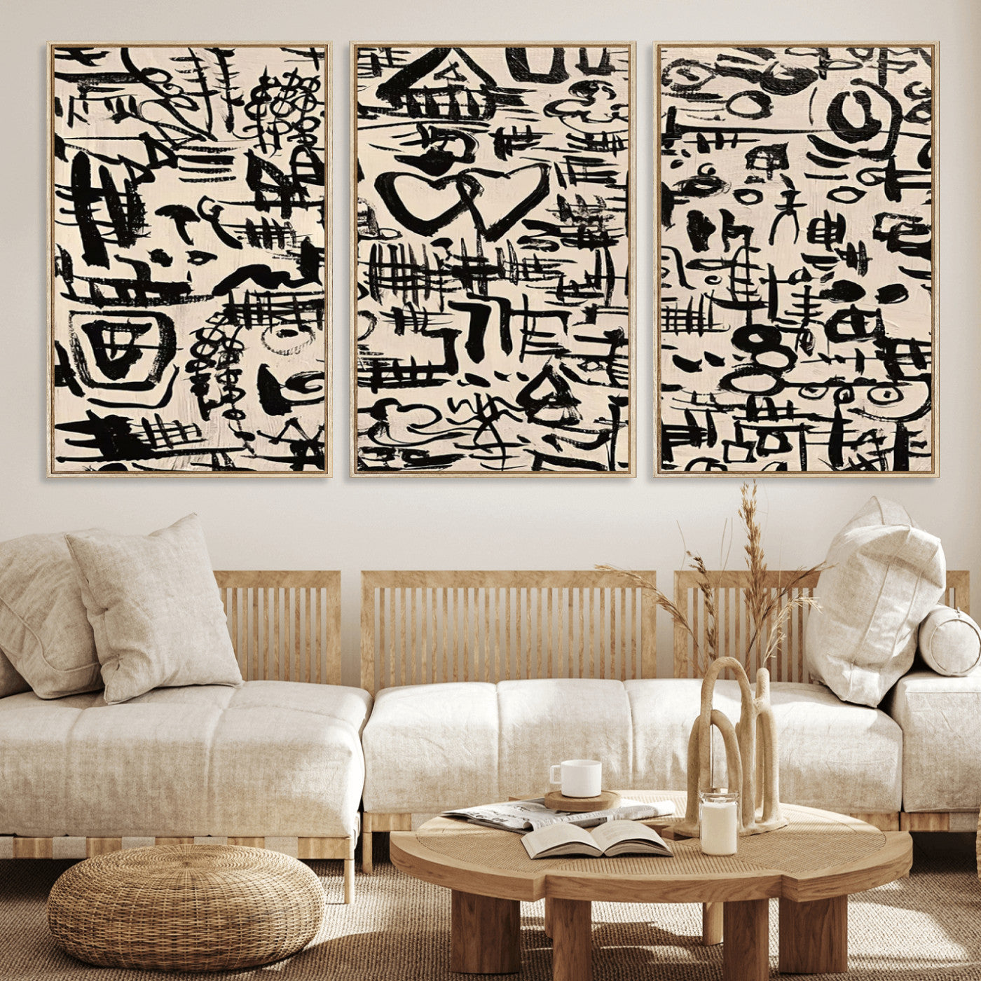 68273-MGV-FC-60X30-3P - Abstract Love and Chaos Canvas Print, Black Symbols on Beige