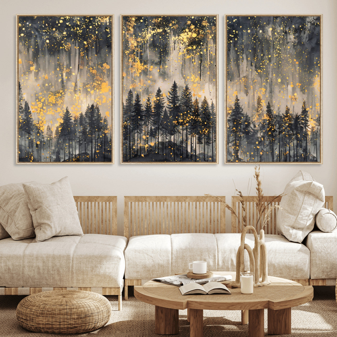 MGV-FC-60X30-3P - Golden Forest Abstract Wall Art | Dark Forest with Gold Splatter Accents | Triptych Ready to Hang