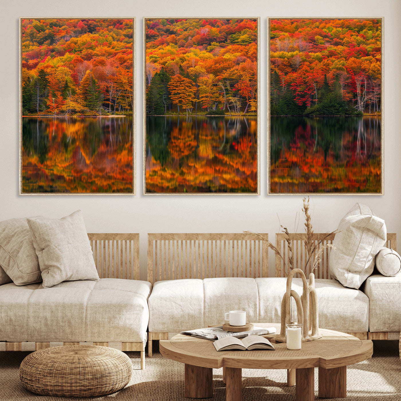 MGV-FC-60X30-3P - Fall Foliage Wall Art - Autumn Reflection Canvas Print, Stunning Fall Foliage Wall Art, Serene Lake