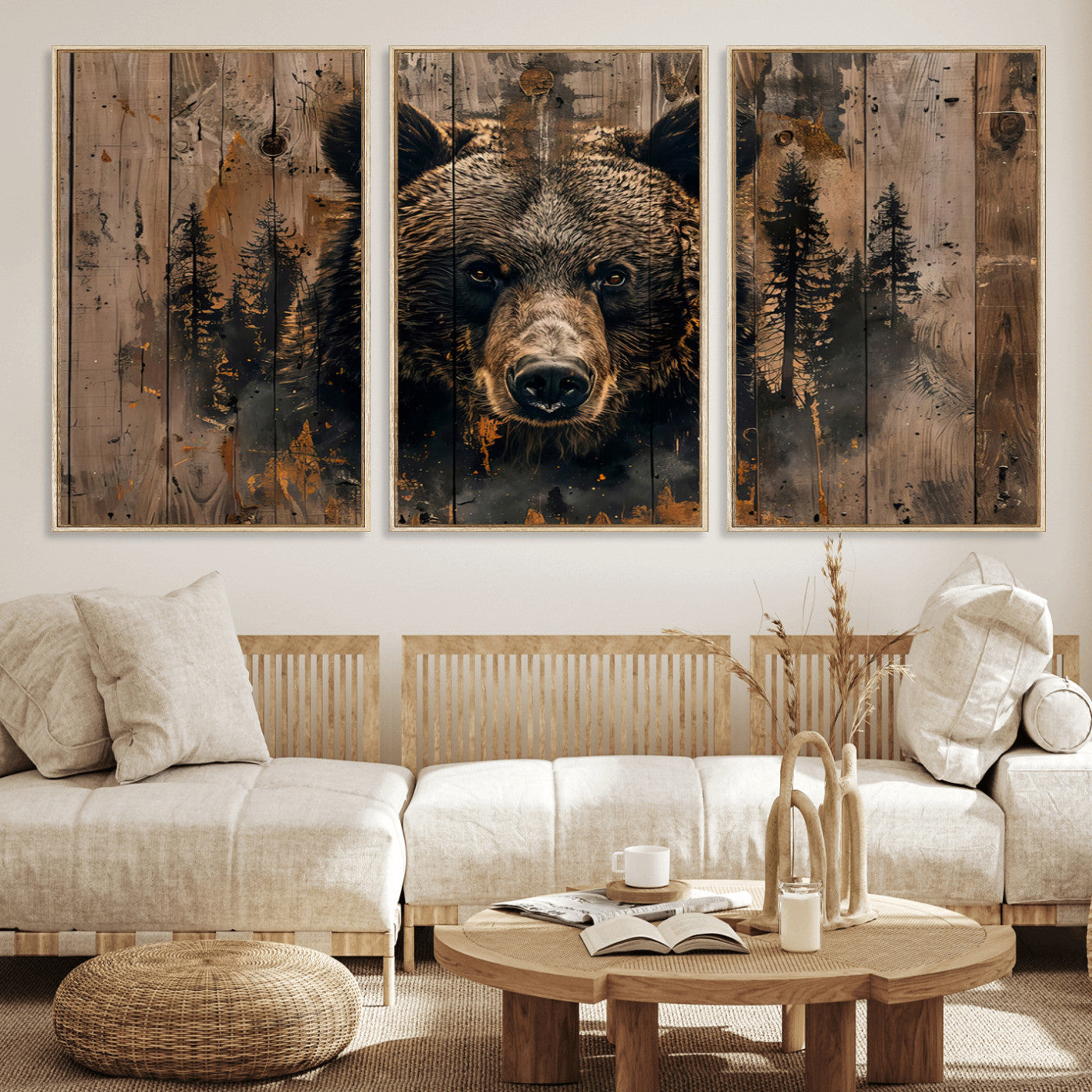 MGV-FC-60X30-3P - Rustic Grizzly 399 Wall Art | Triptych Canvas Print | Rustic Cabin Wall Decor | Perfect for