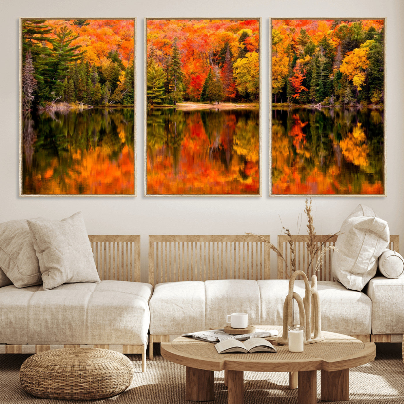 MGV-FC-60X30-3P - Forest Reflection Art | Autumn Forest Reflection Wall Art | Triptych Canvas Print | Vibrant Fall