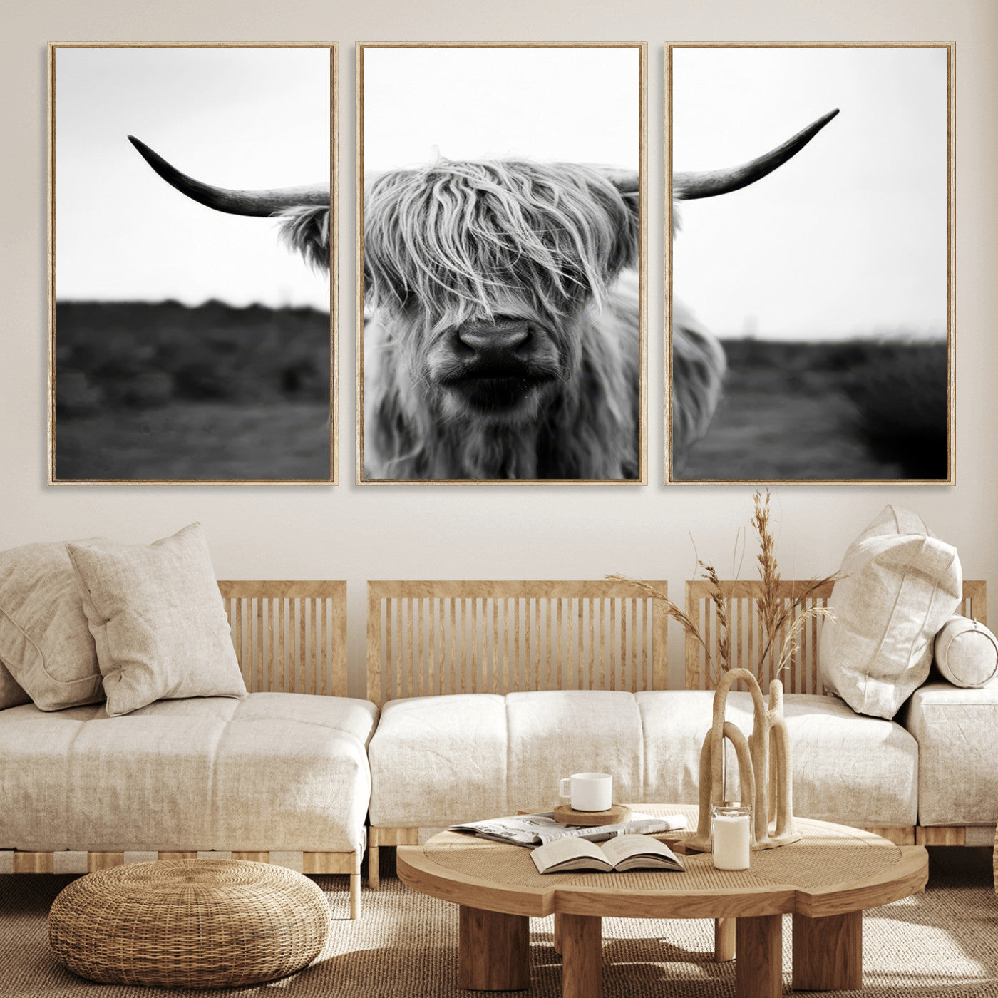 MGV-FC-60X30-3P - Highland Cow Wall Art | Black and White Farmhouse Decor | Triptych Canvas Print | Rustic Barn Decor