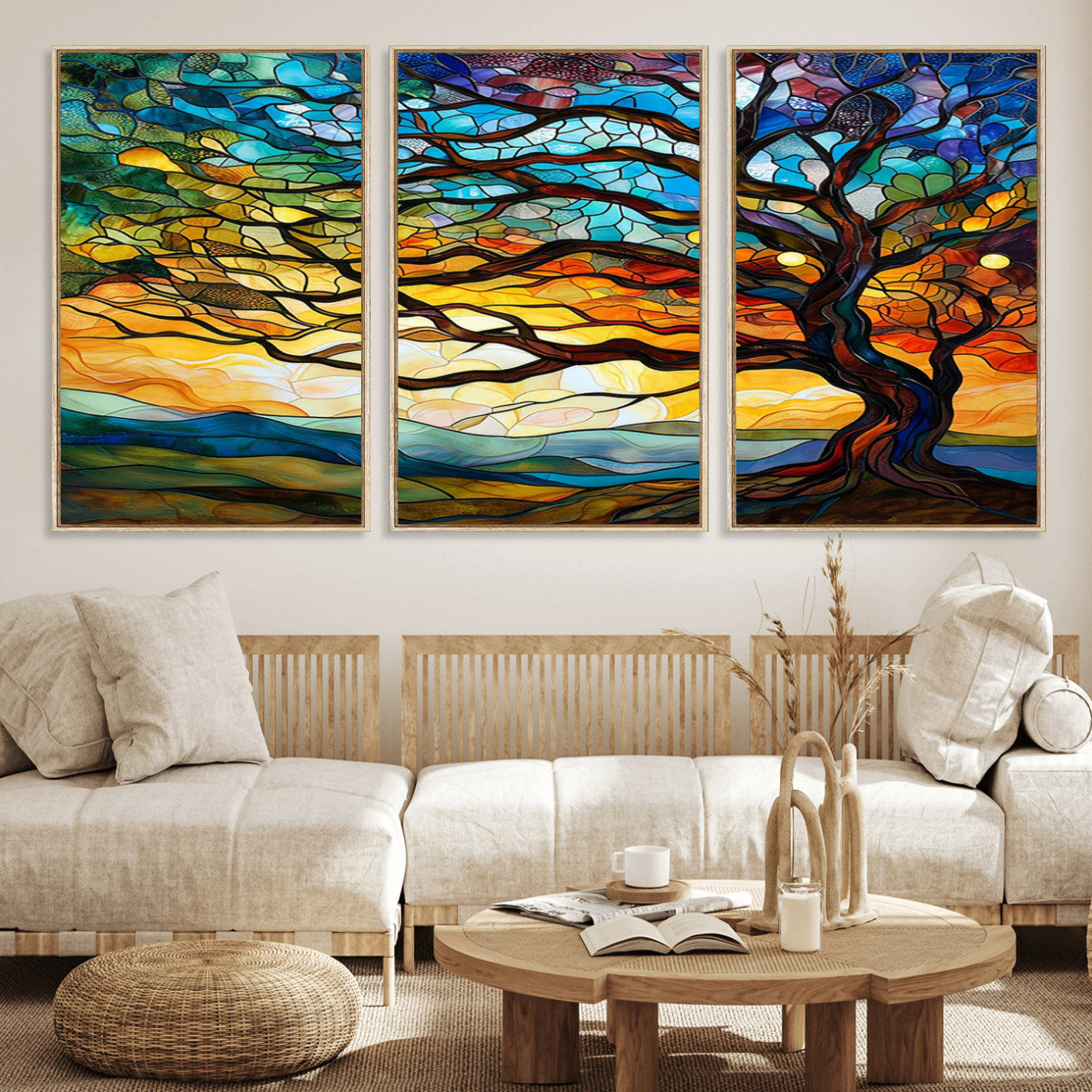 MGV-FC-60X30-3P - Vibrant Mosaic Tree of Life Wall Art | Stained Glass Style Canvas Print | Ready to Hang Artistic