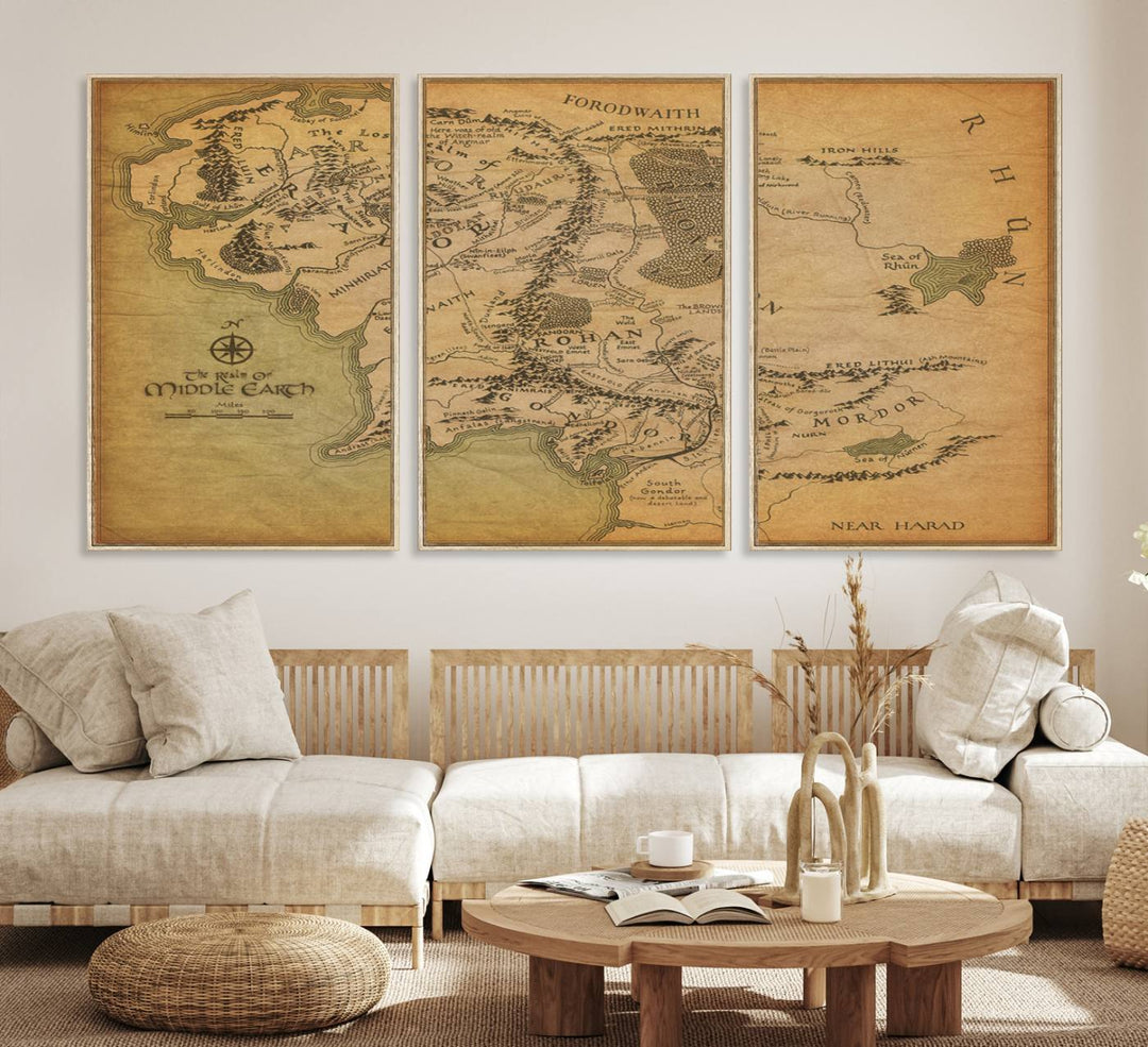 Vintage J.R.R. Tolkien Middle-Earth Map 3 Panel Canvas, perfect as wall art for home or office decor.