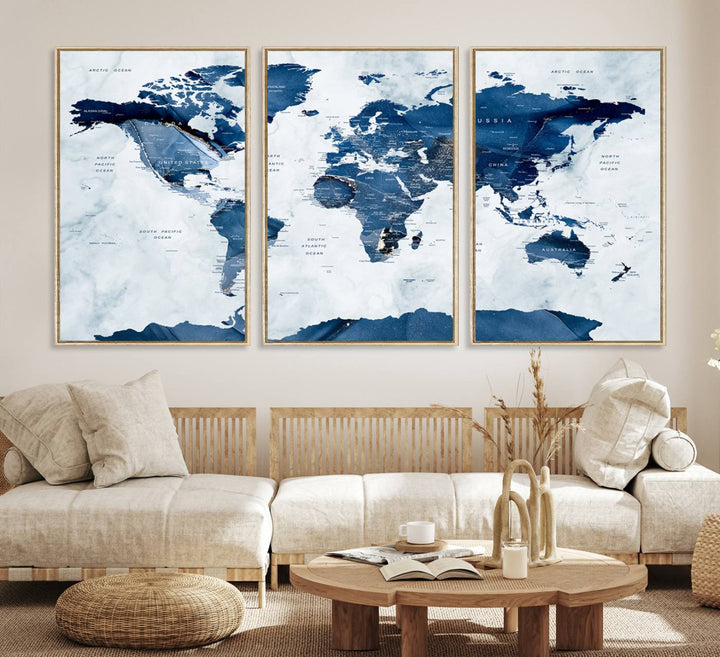 Navy Blue World Map with Antarctica Canvas: A perfect abstract home decor piece featuring a grunge-stained background.