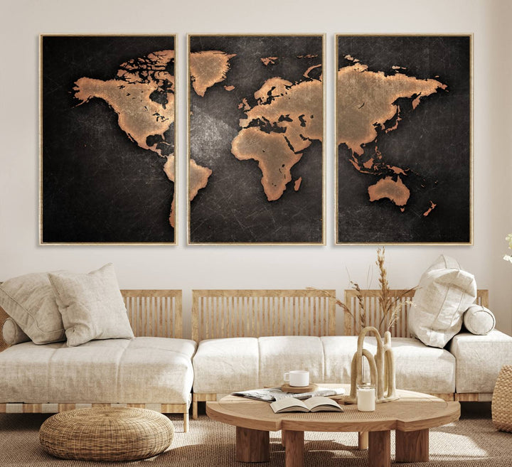 Maroon World Map Wall Art: Copper continents on a grunge-stained canvas, ideal for enhancing your decor.