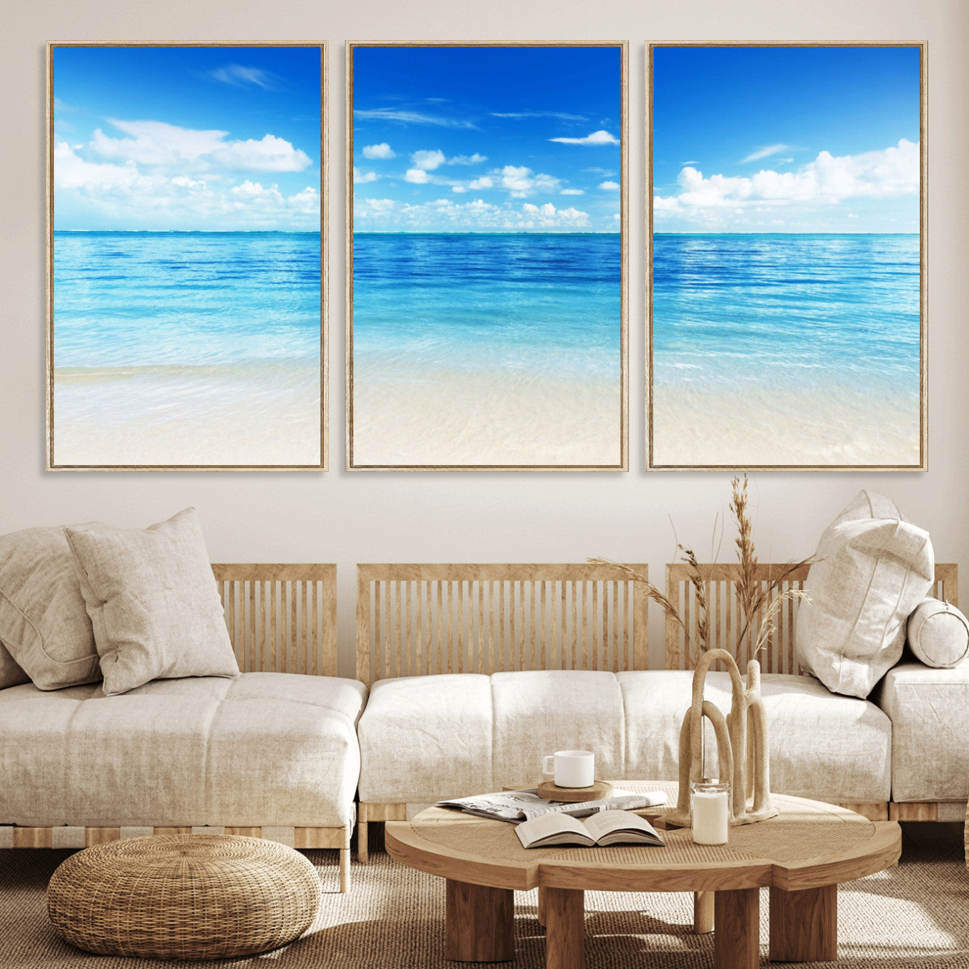 MGV-FC-60X30-3P - Beach Scene Canvas Wall Art Print – Tranquil Ocean Horizon and White Sand Beach Wall Decor for Home