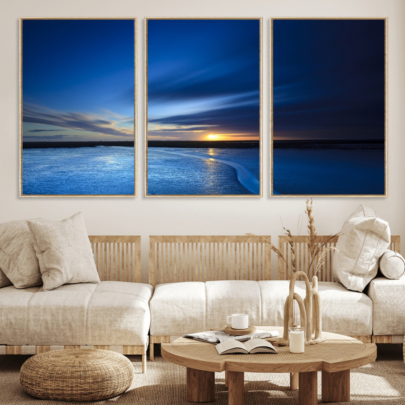 MGV-FC-60X30-3P - Blue Sunset Ocean Canvas Wall Art Print – Serene Coastal Horizon Wall Decor for Home or Office –