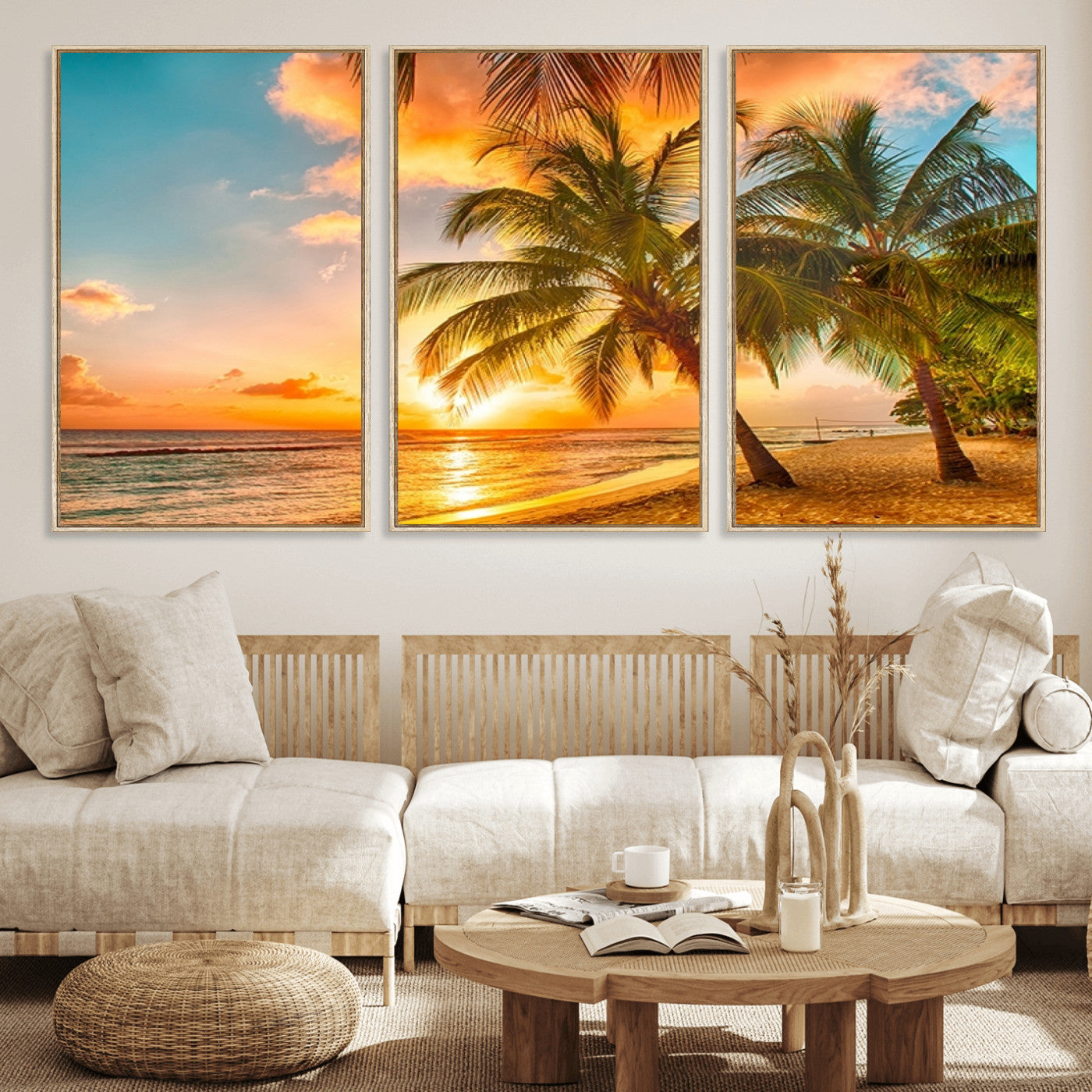 MGV-FC-60X30-3P - Tropical Sunset Beach Canvas Wall Art Print – Vibrant Palm Trees and Coastal Sunset Wall Decor for
