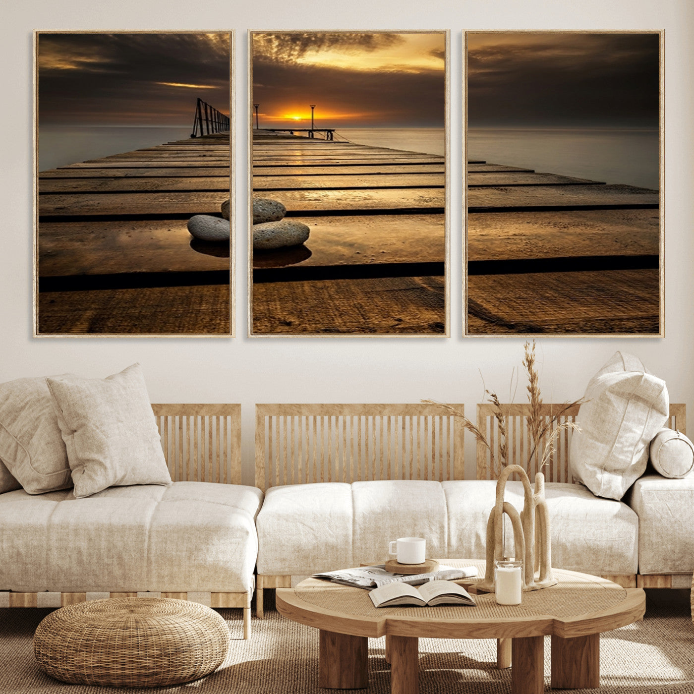 MGV-FC-60X30-3P - Stones on Wooden Pier at Sunset Canvas Print, Serene Coastal Wall Art, Beach Sunset Photography,
