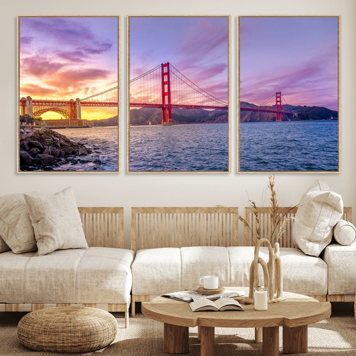 MGV-FC-60X30-3P - Golden Gate Bridge Wall Art Print, San Francisco Sunset Canvas Wall Art, Cityscape Canvas Print for