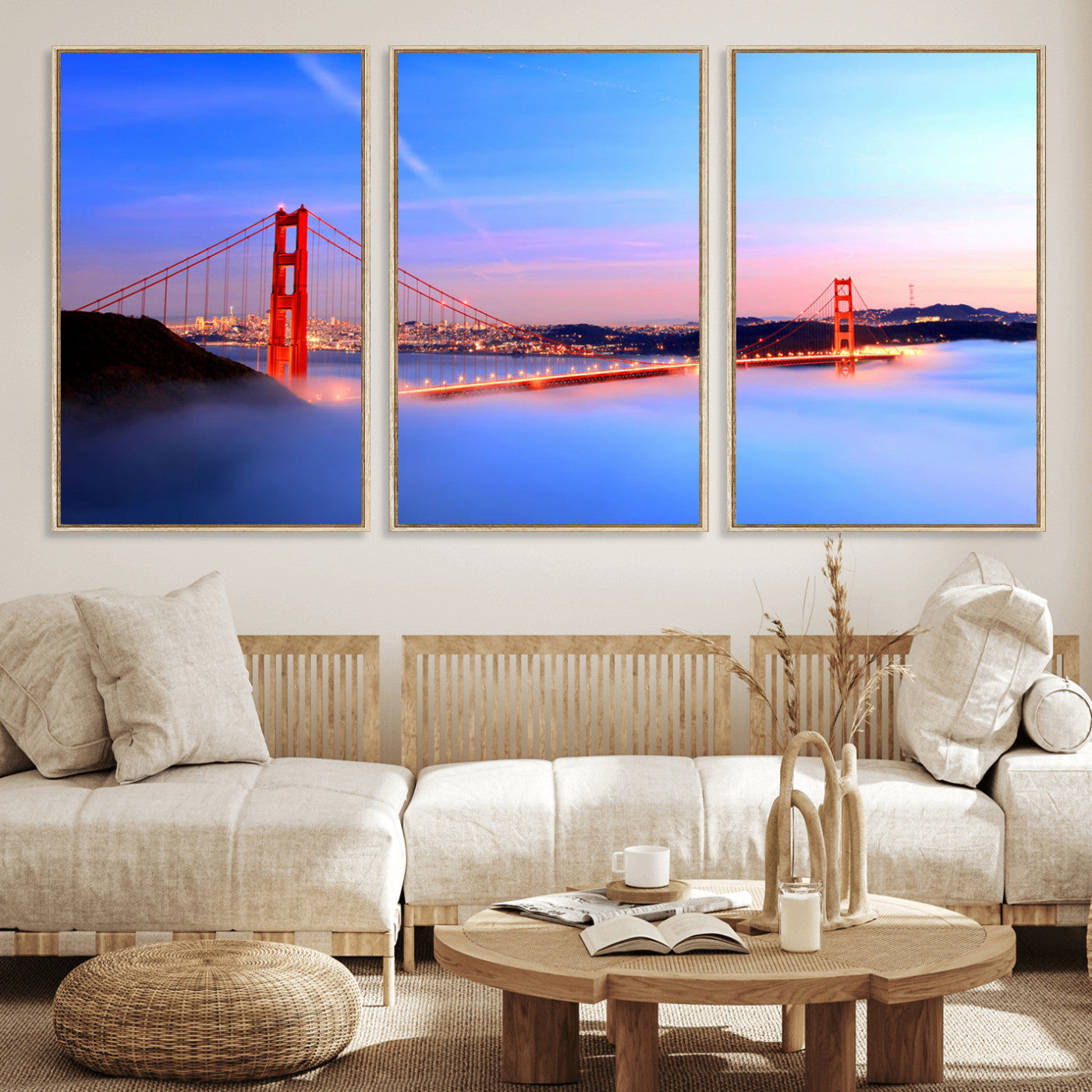 MGV-FC-60X30-3P - Golden Gate Bridge Wall Art Print, San Francisco Sunset Canvas Wall Art, Cityscape Canvas Print for