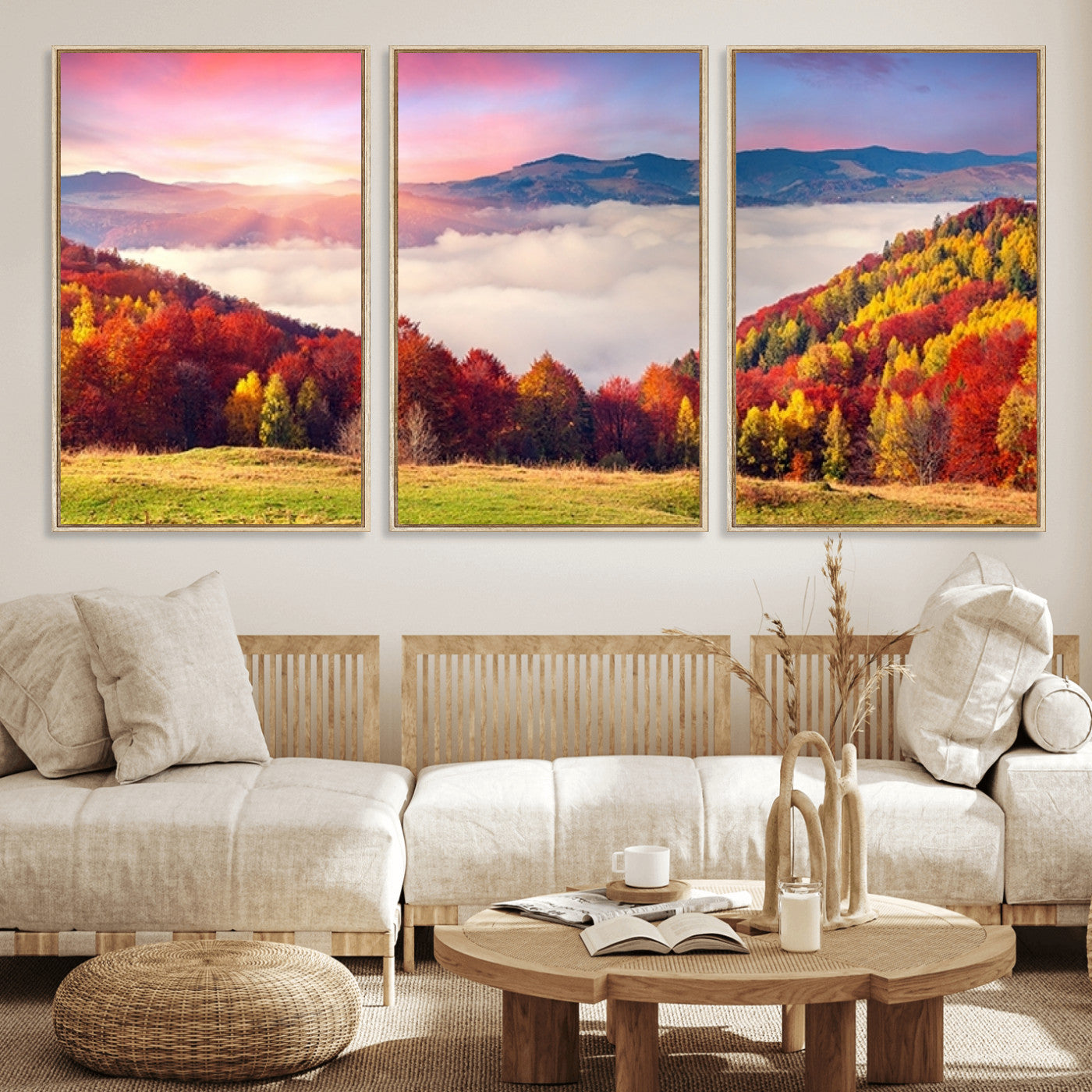 MGV-FC-60X30-3P - Autumn Mountain Foggy Landscape Wall Art Canvas Print | Beautiful Forest Canvas Print | Misty