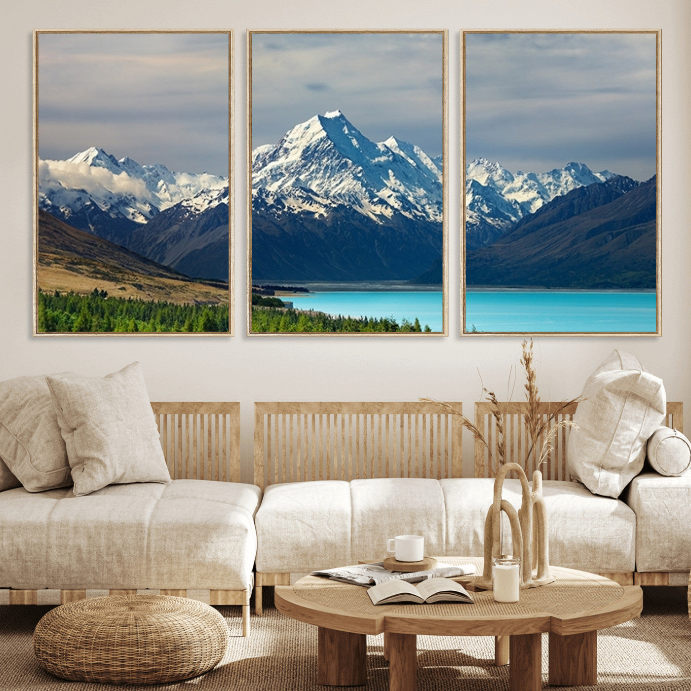 MGV-FC-60X30-3P - Mount Cook and Lake Pukaki Canvas Wall Art Print – Majestic Snow-Capped Peaks and Serene Lake Wall