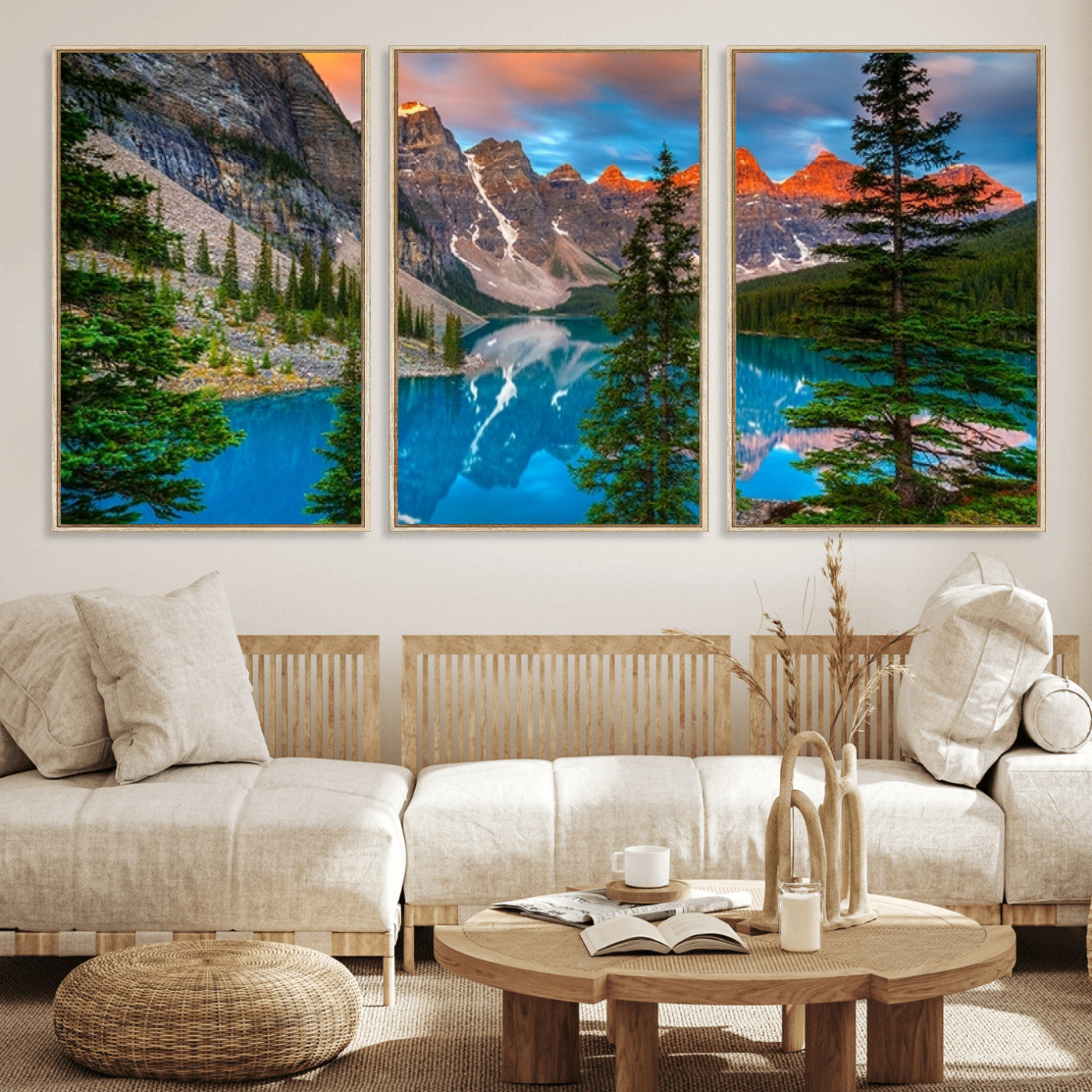 MGV-FC-60X30-3P - Canadian Rockies Moraine Lake Wall Art Canvas Print, Pine Trees Mountain Spring Canvas Print