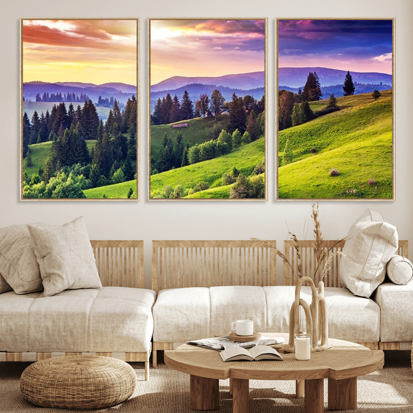 MGV-FC-60X30-3P - Green Hills and Sunset Wall Art Print - Scenic Landscape with Lush Greenery and Vibrant Sky, Ready