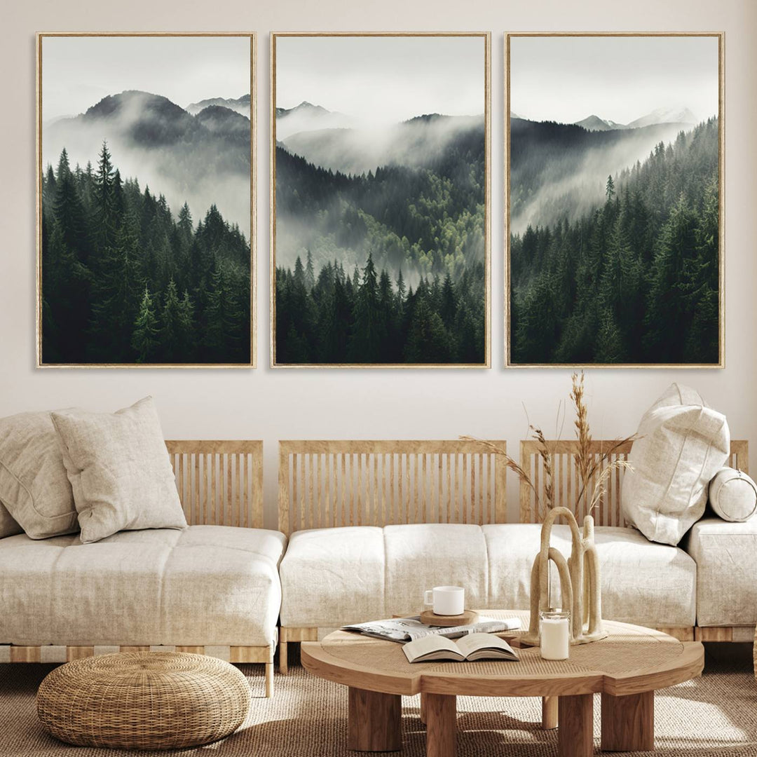 The Misty Forest Canvas Print Wall Art captures a serene misty forest scene with fog and mountains.