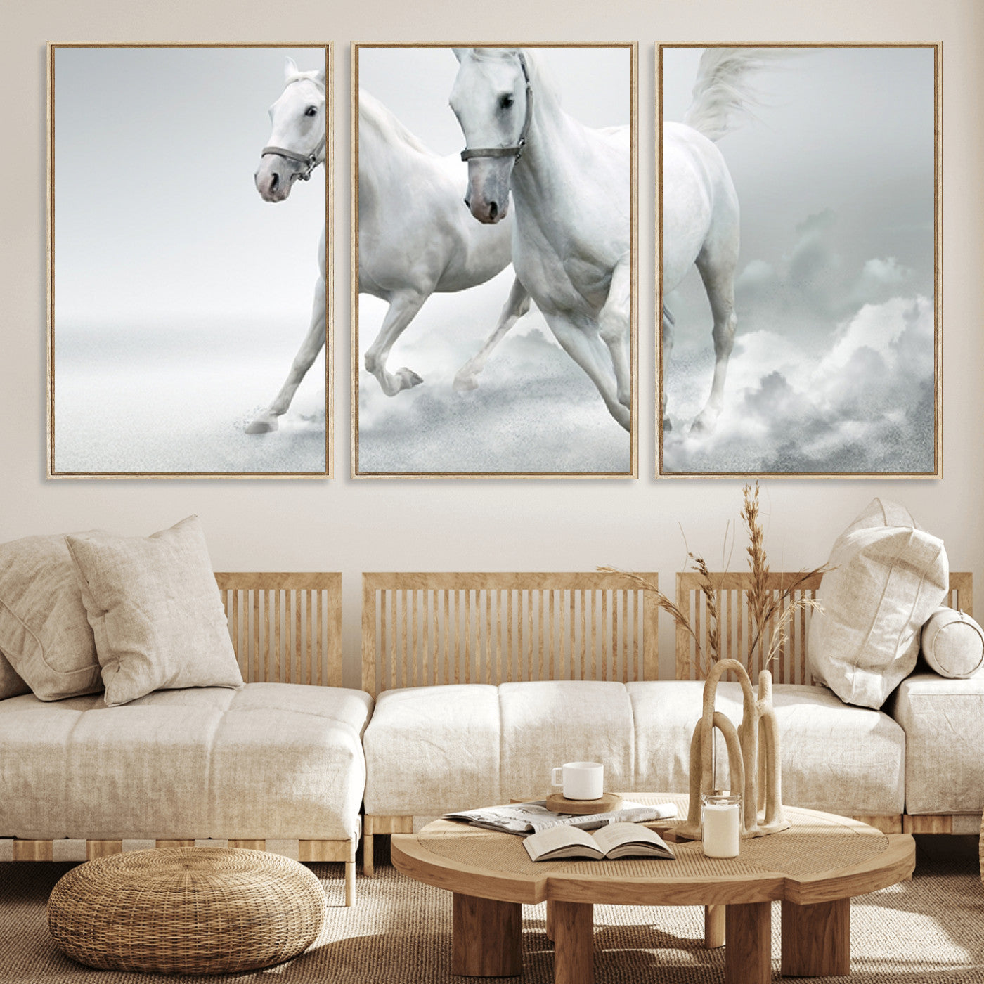 MGV-FC-60X30-3P - Large Wall Art Animal Canvas Print - Beautiful Running White Horses