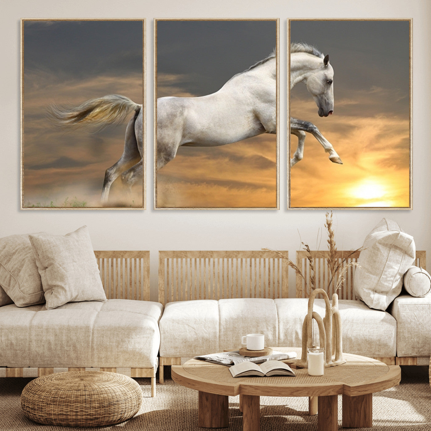 MGV-FC-60X30-3P - Large Wall Art Animal Canvas Print - White Jumping Horse at Sunset