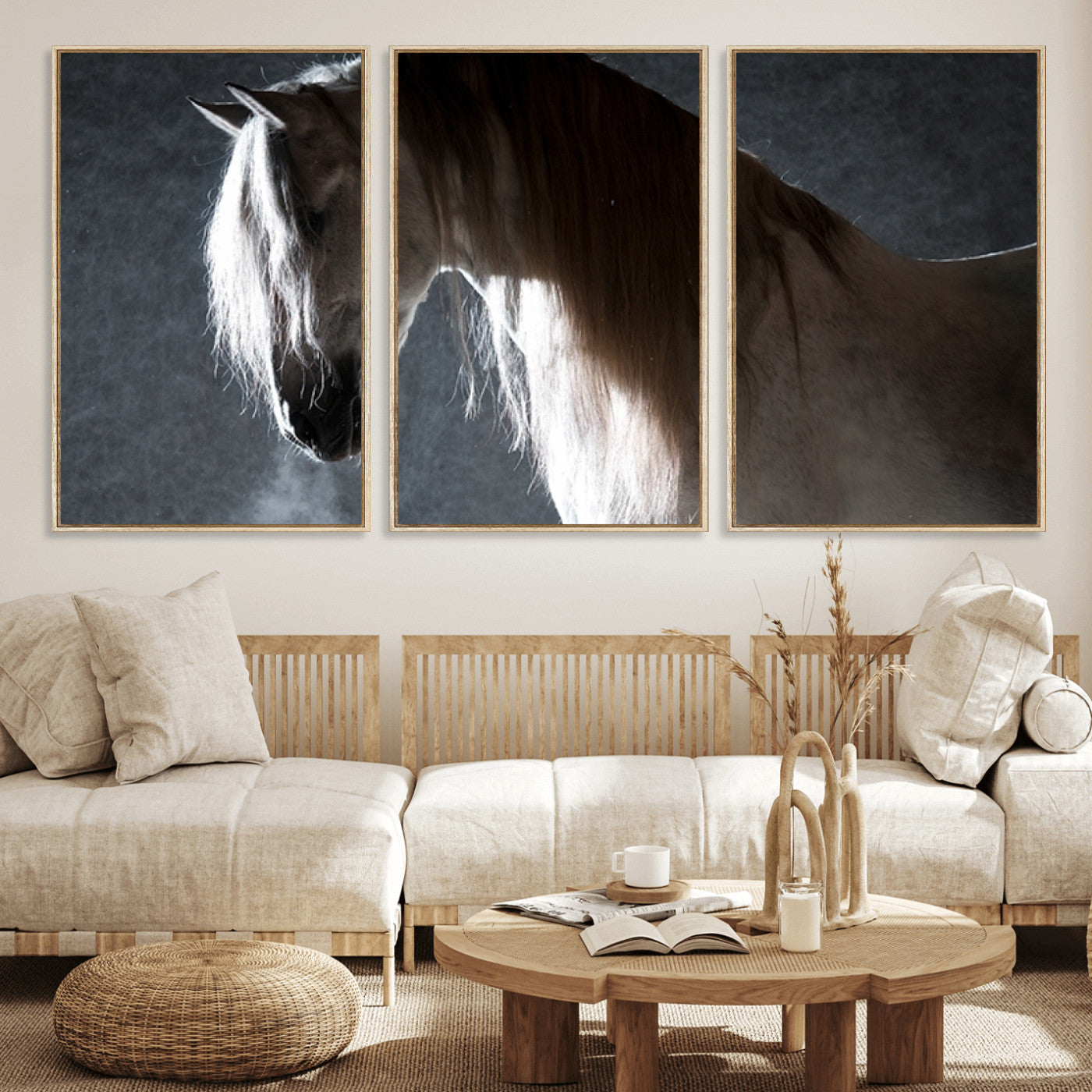 MGV-FC-60X30-3P - Large Wall Art Cream Colored Horse on Grey Background Canvas Print