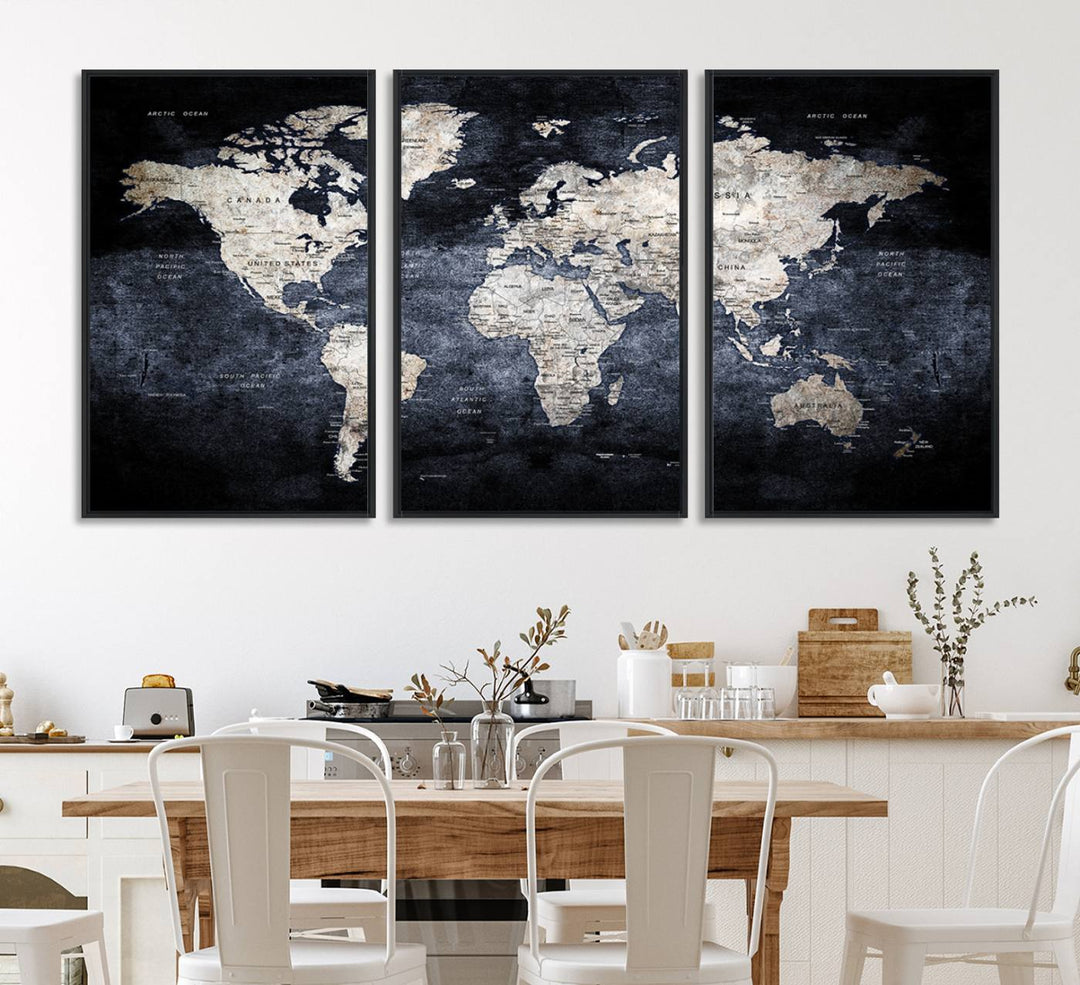 Rustic Black and Bronze World Map Canvas Triptych features white continents on a grunge-stained background.