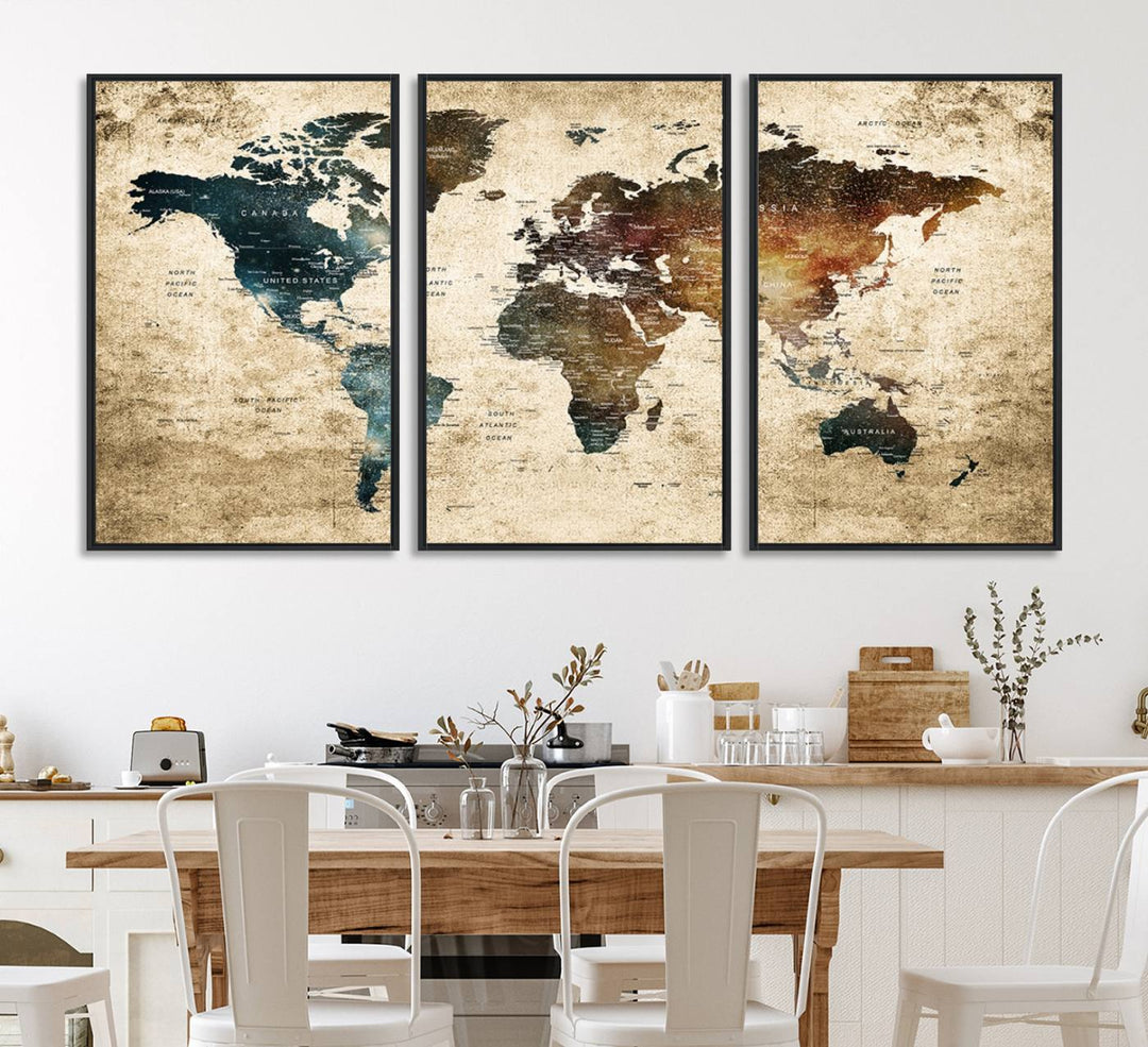 Grunge World Map Canvas featuring earth-toned continents, suitable for study, office, or living room.