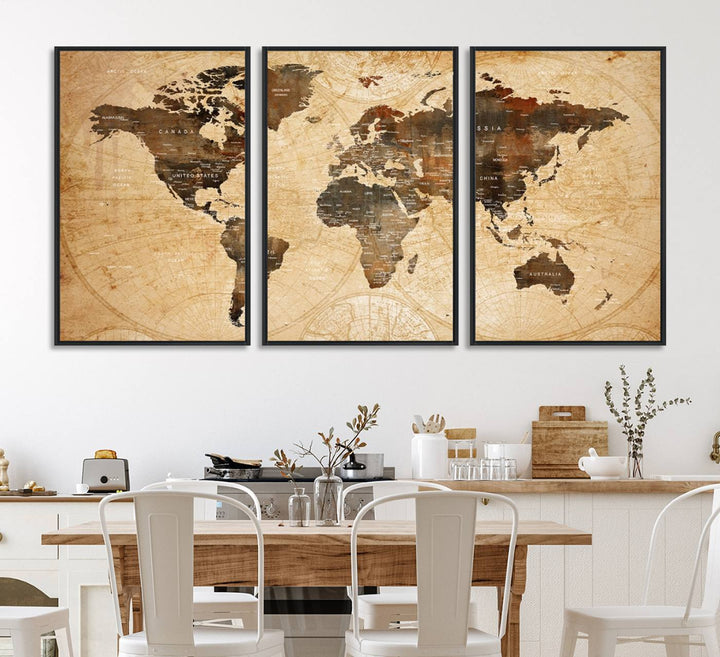 Vintage World Map: 3-Panel Canvas Print in antique rustic style. Framed and gallery wrapped. Ideal for decor.