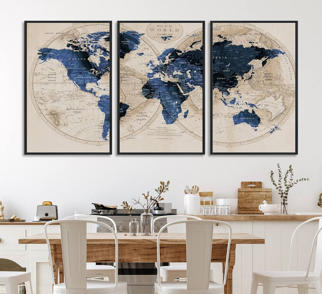 The Vintage Triptych Map Print is a grunge-stained blue and beige world map, perfect for enhancing wall decor.