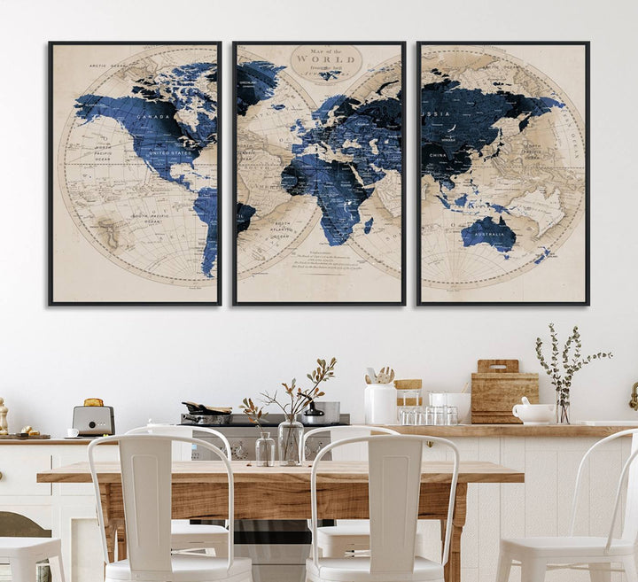 The Vintage Triptych Map Print is a grunge-stained blue and beige world map, perfect for enhancing wall decor.