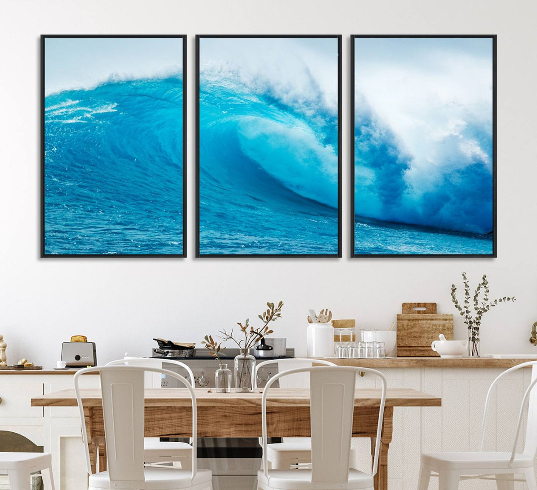 A museum-quality canvas depicting a vibrant blue ocean wave with white foam under a clear sky.