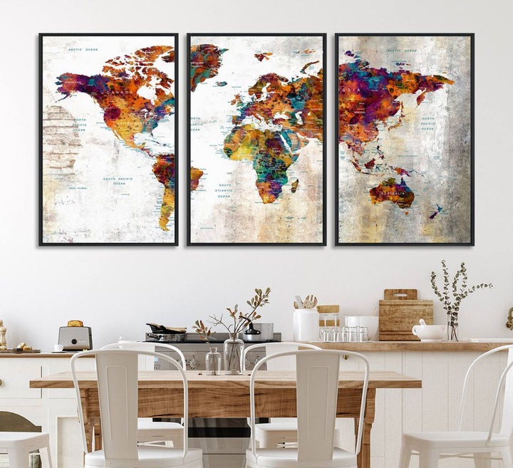 A vibrant Grunge Map Canvas Wall Art Set (3 Panels) for home or office decor, perfect for travel enthusiasts.