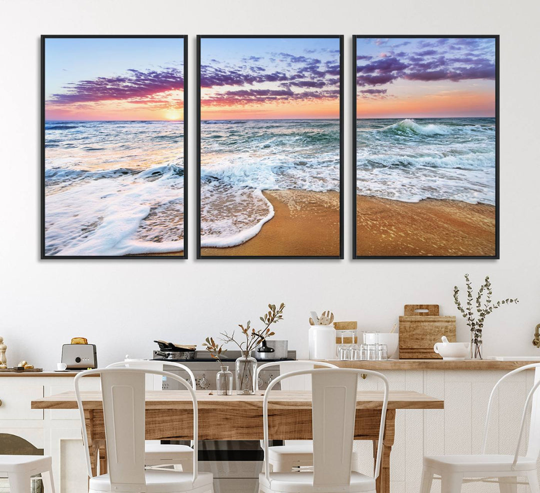 The Coastal Sunset Art Canvas Print features ocean waves beneath a vibrant sky in a stunning 3-panel seascape.