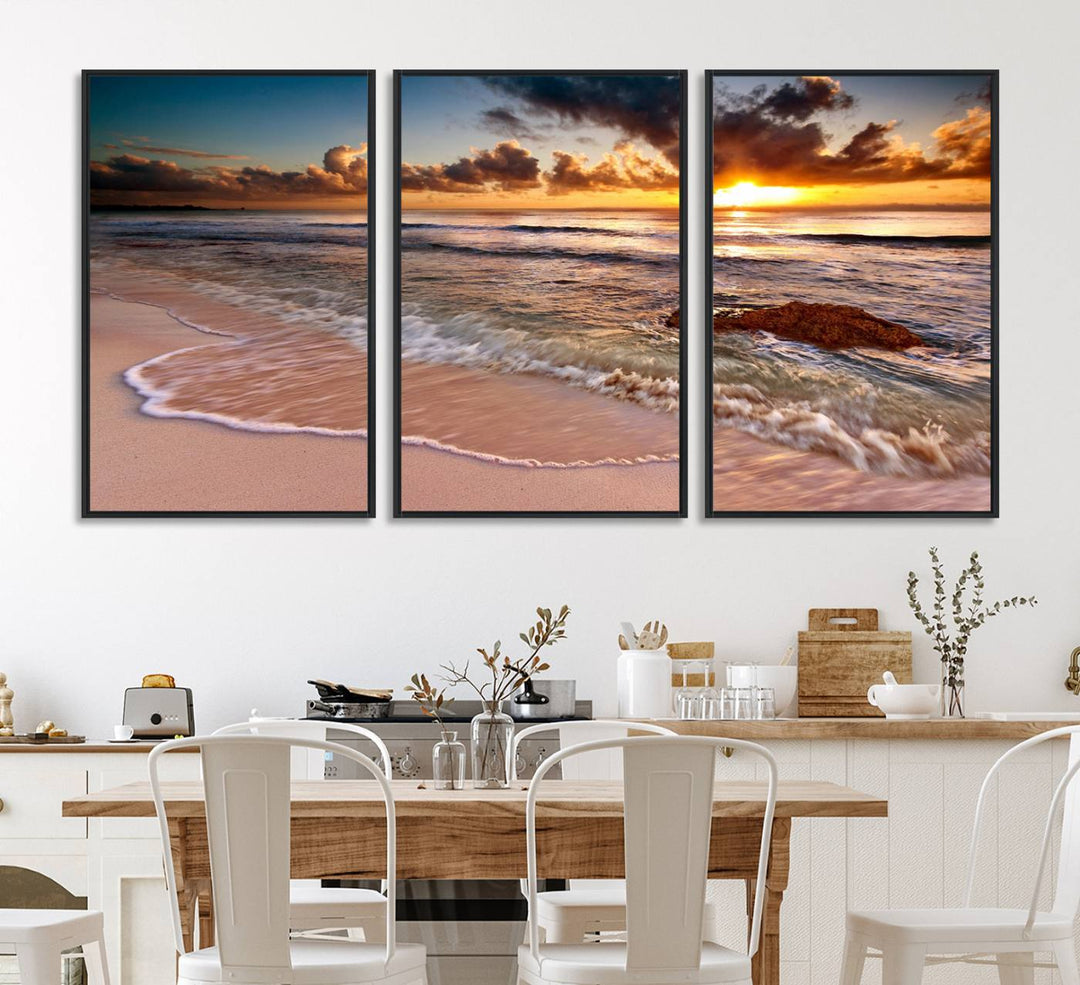 The Sunset on Ocean Wall Art Canvas Print beautifully captures a beach sunset, gentle waves, and a peaceful atmosphere.