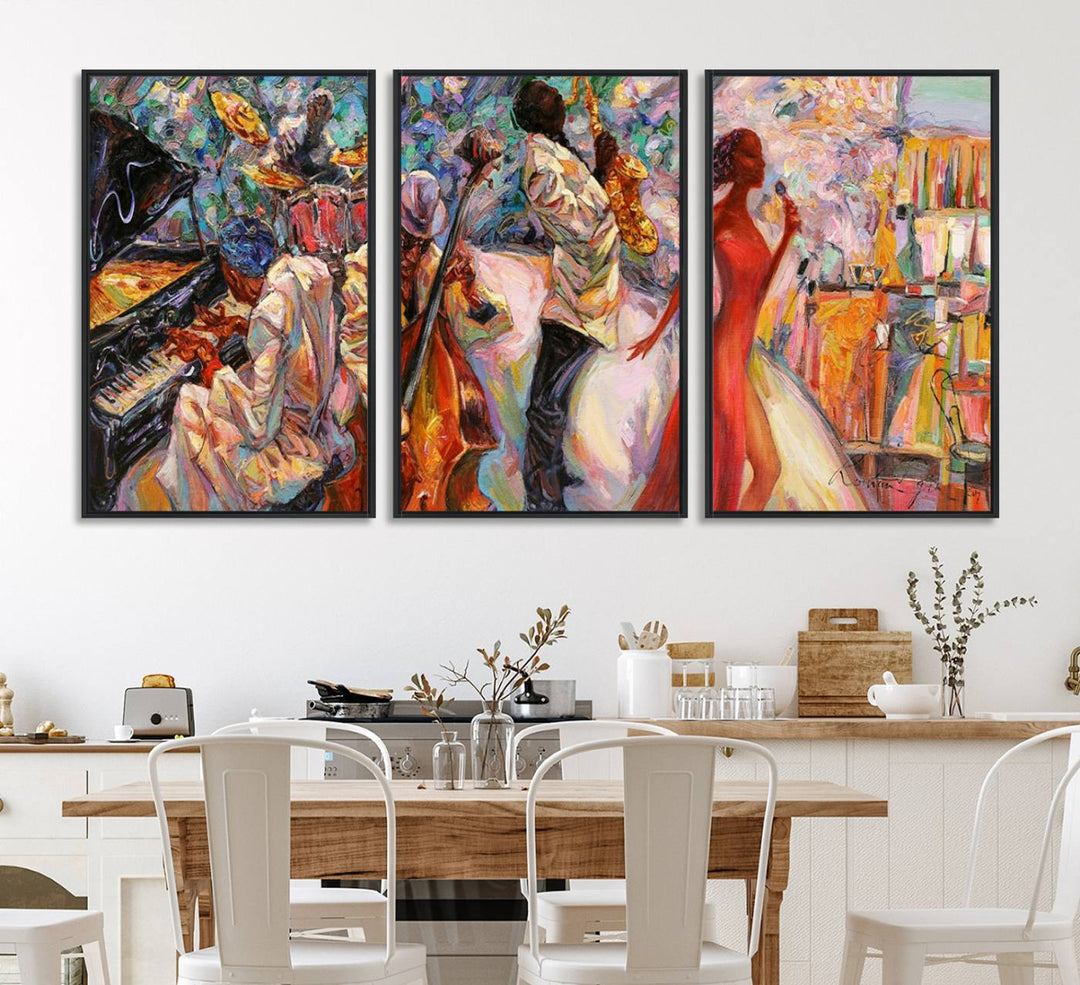 The Abstract Afro American Jazz Canvas captures a vibrant jazz band and showcases a woman dancing in red, making it perfect for dining or music spaces.