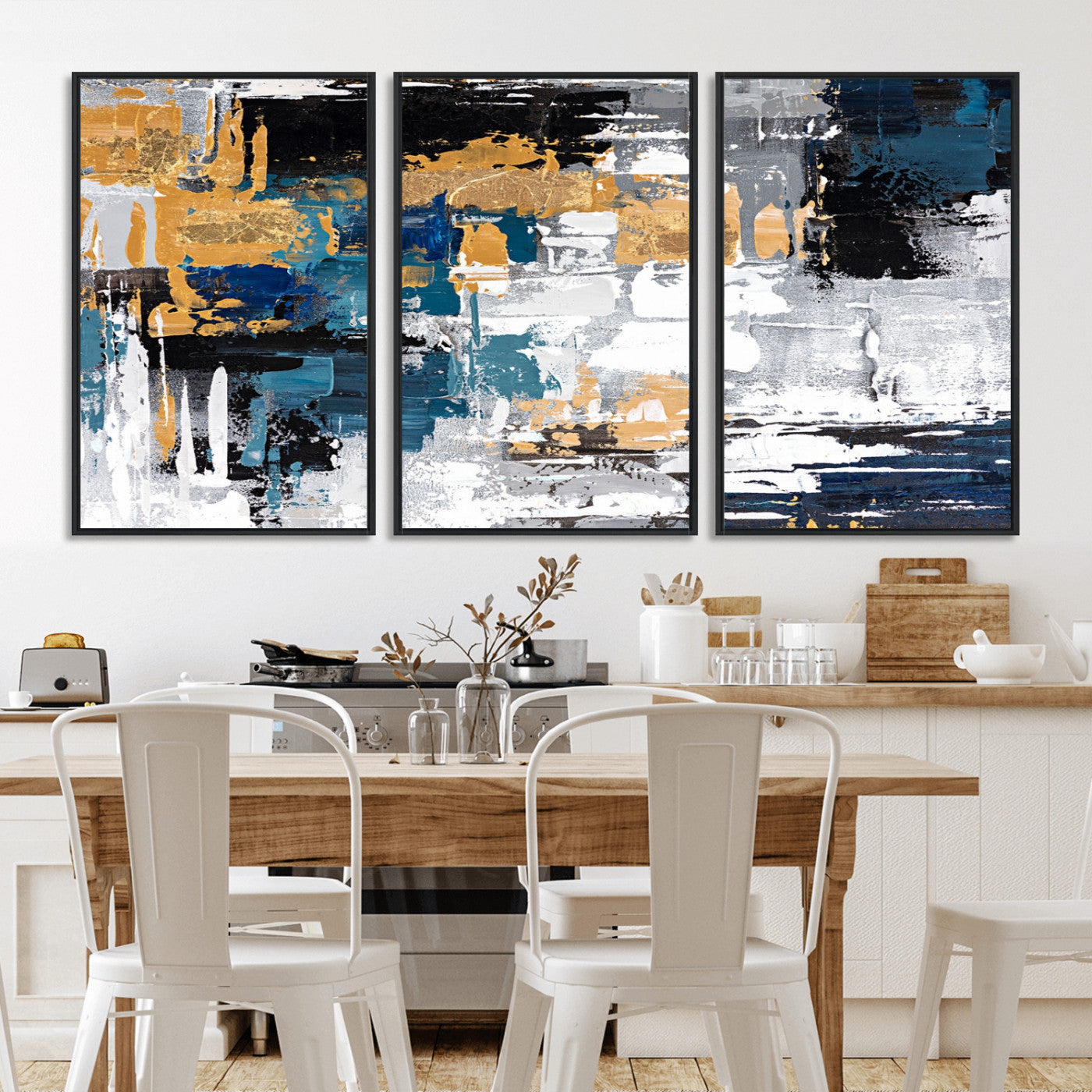 57708-MGV-CV-36X24-Blue and Gold Abstract Canvas Wall Art – Triptych Modern Painting for Living Room – Framed and Ready to Hang
