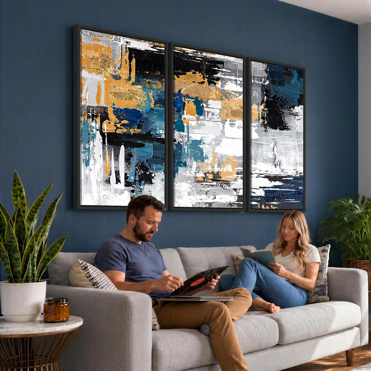 57708-_Poster-30x20 - Blue and Gold Abstract Canvas Wall Art | Triptych Modern Art Print