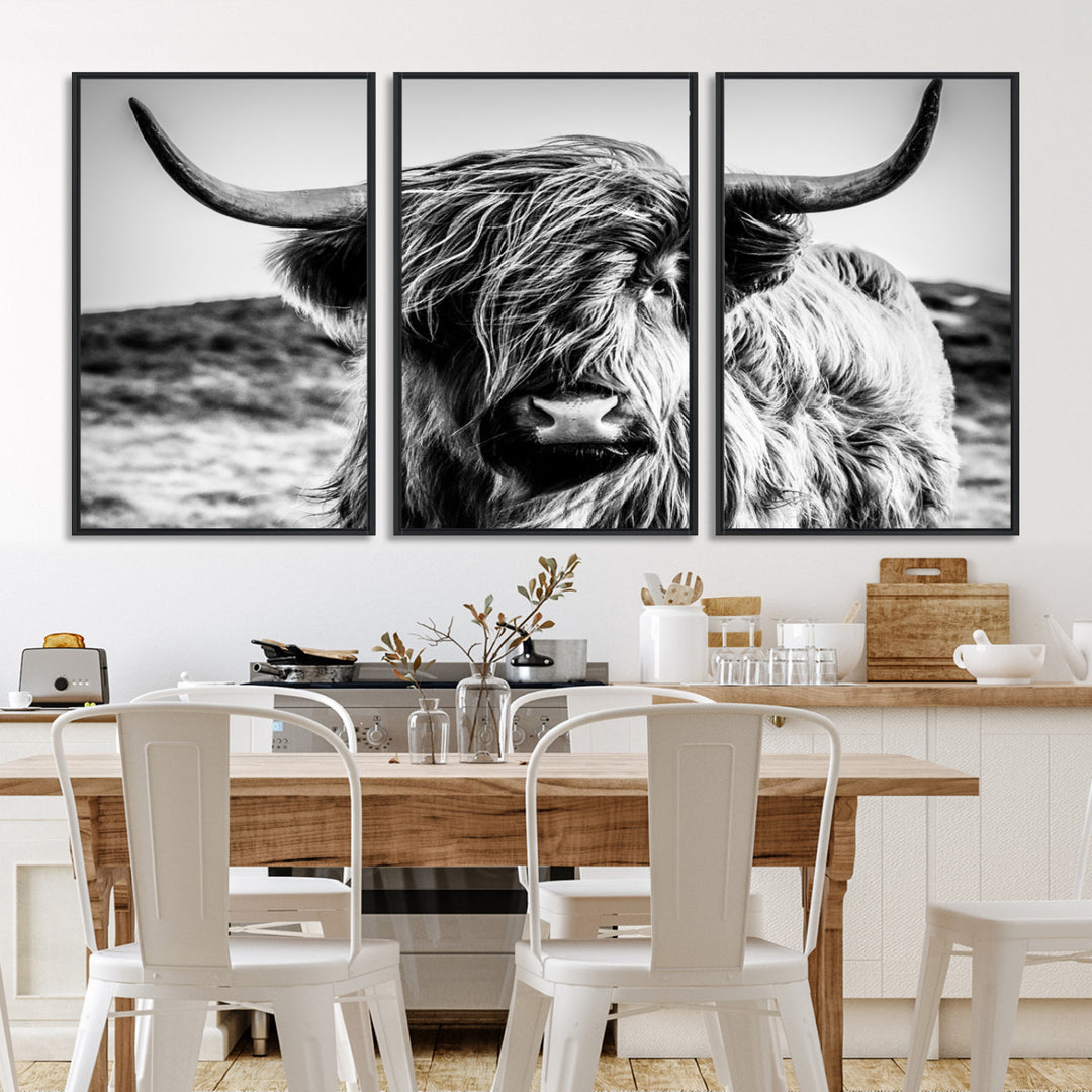 Highland Cow Wall Art | 3-Panel Black and White Highland Cow Canvas Print for Western Farmhouse Decor