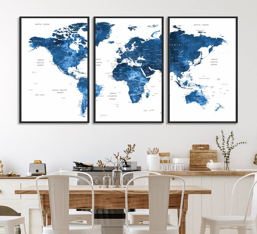 Navy Blue Wall Art World Map Canvas Print, an ideal piece for anyone seeking unique home or office decor.