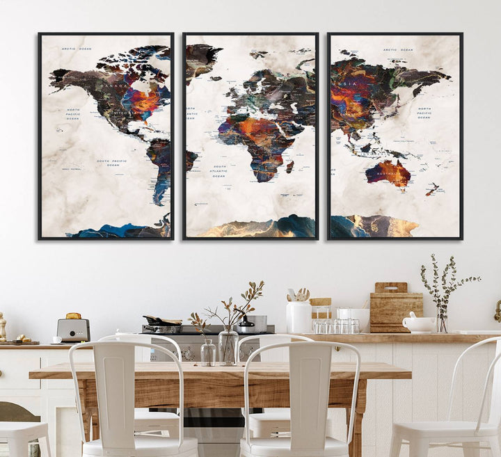 Watercolor World Map Canvas Print in earthy hues with a grunge background, ideal for wall decor.