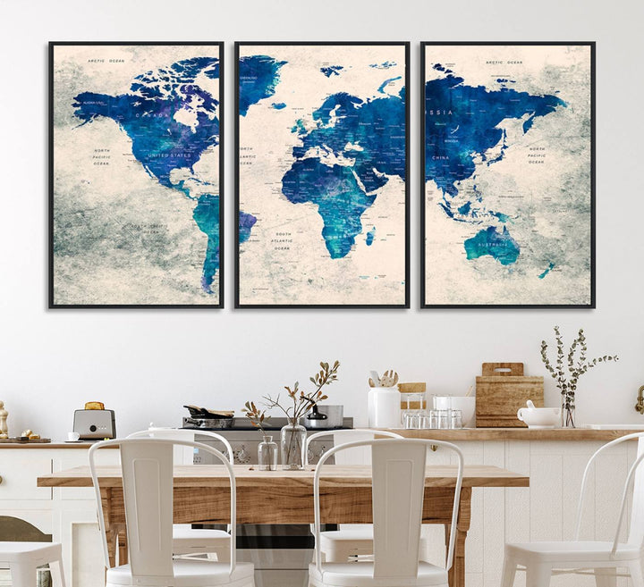 Navy Blue Push Pin World Map Canvas Print featuring a grunge-stained background, with labeled countries and oceans.