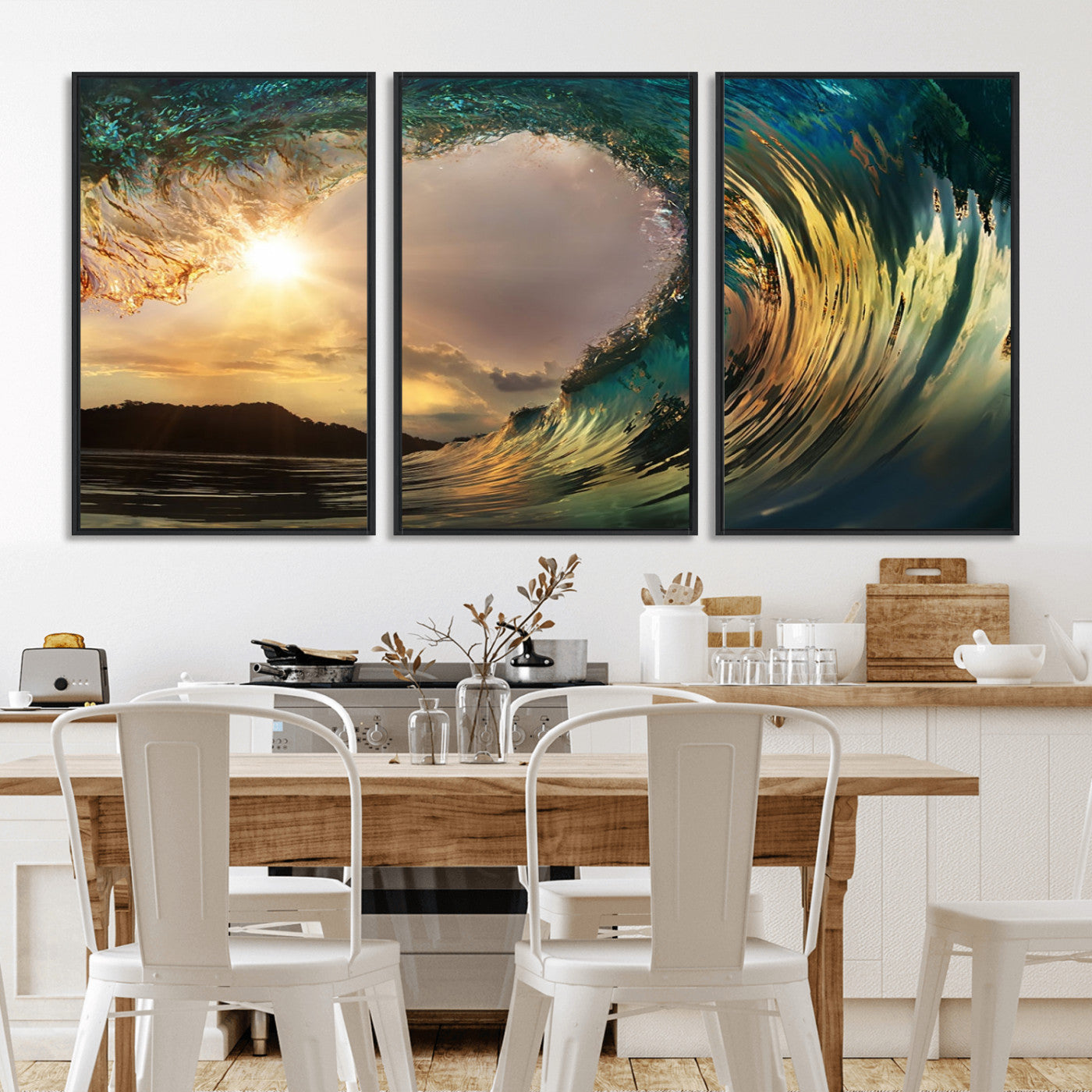 MGV-FC-60X30-3P - Golden Wave Sunset Giclee Canvas Print – Large Coastal Wall Art for Nature Lovers, Captivating Ocean Wave Decor
