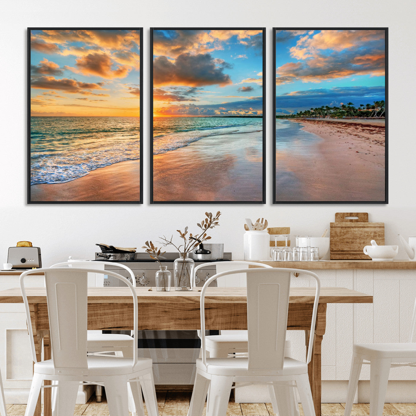 MGV-FC-60X30-3P - Sunset Ocean Waves on Tropical Beach, 3-Panel Giclee Canvas Art for Coastal Home Decor, Vibrant Palm-Lined Shore