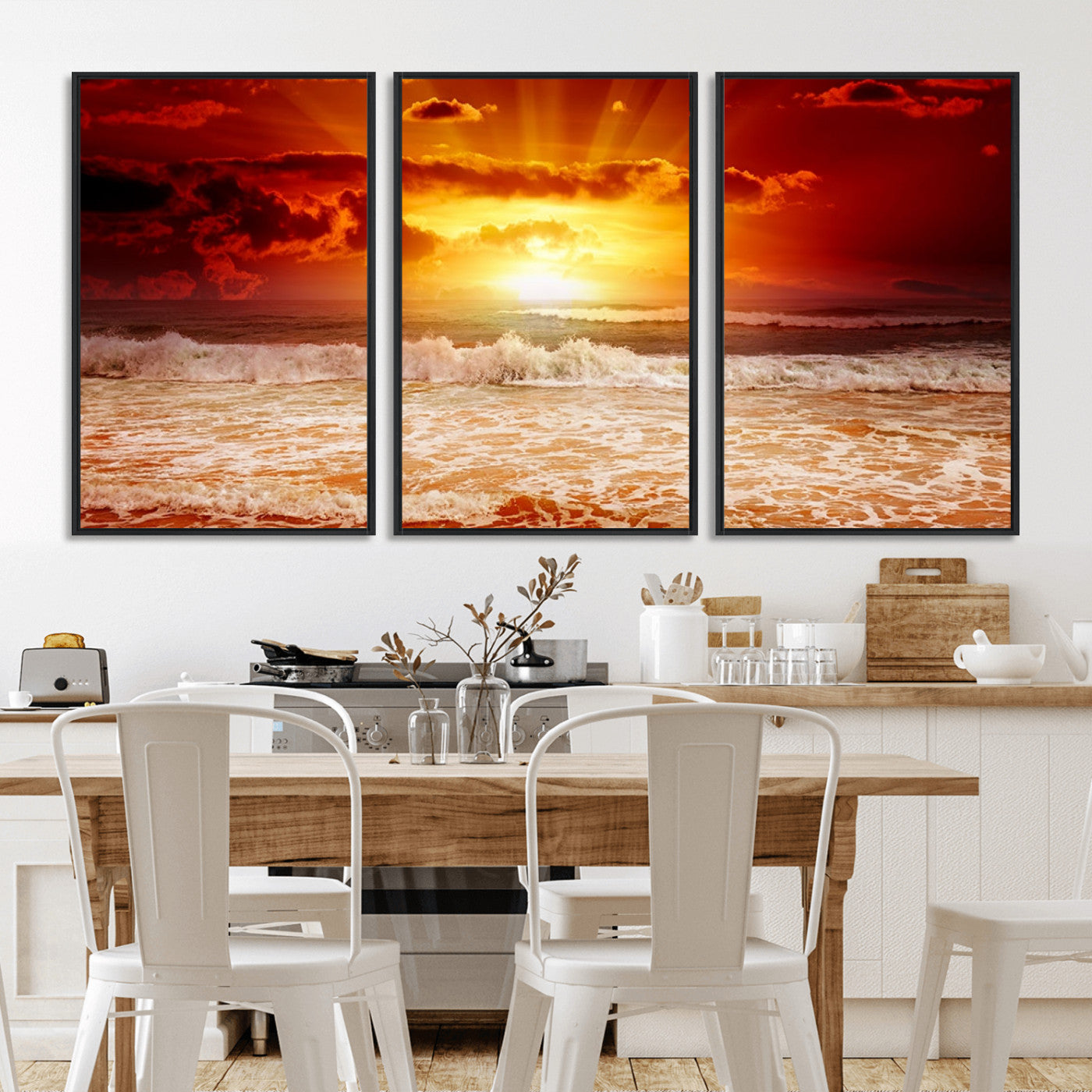 MGV-FC-60X30-3P - Red Sunset Ocean Beach Canvas Wall Art Beach Canvas, Coastal Sunset Print